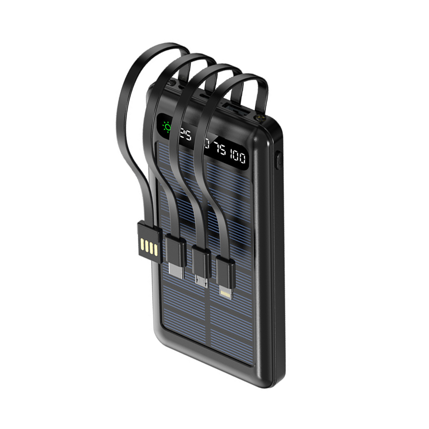 Czarny power bank z panelem słonecznym i podłączonymi kablami ładującymi na białym tle.