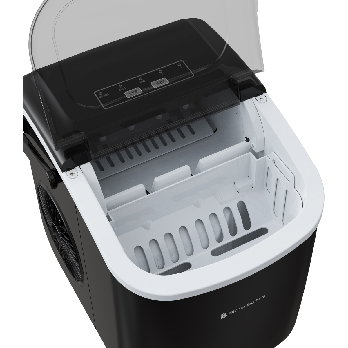 A black ice maker with its lid open, showing controls and ice molds.