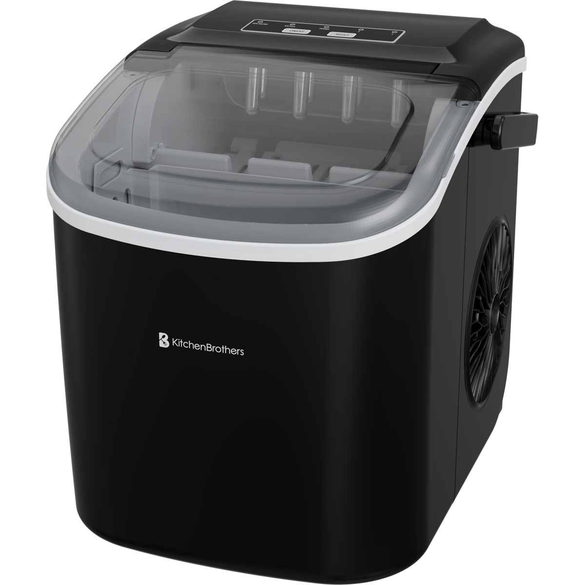 Black ice maker with a transparent lid and controls on top.