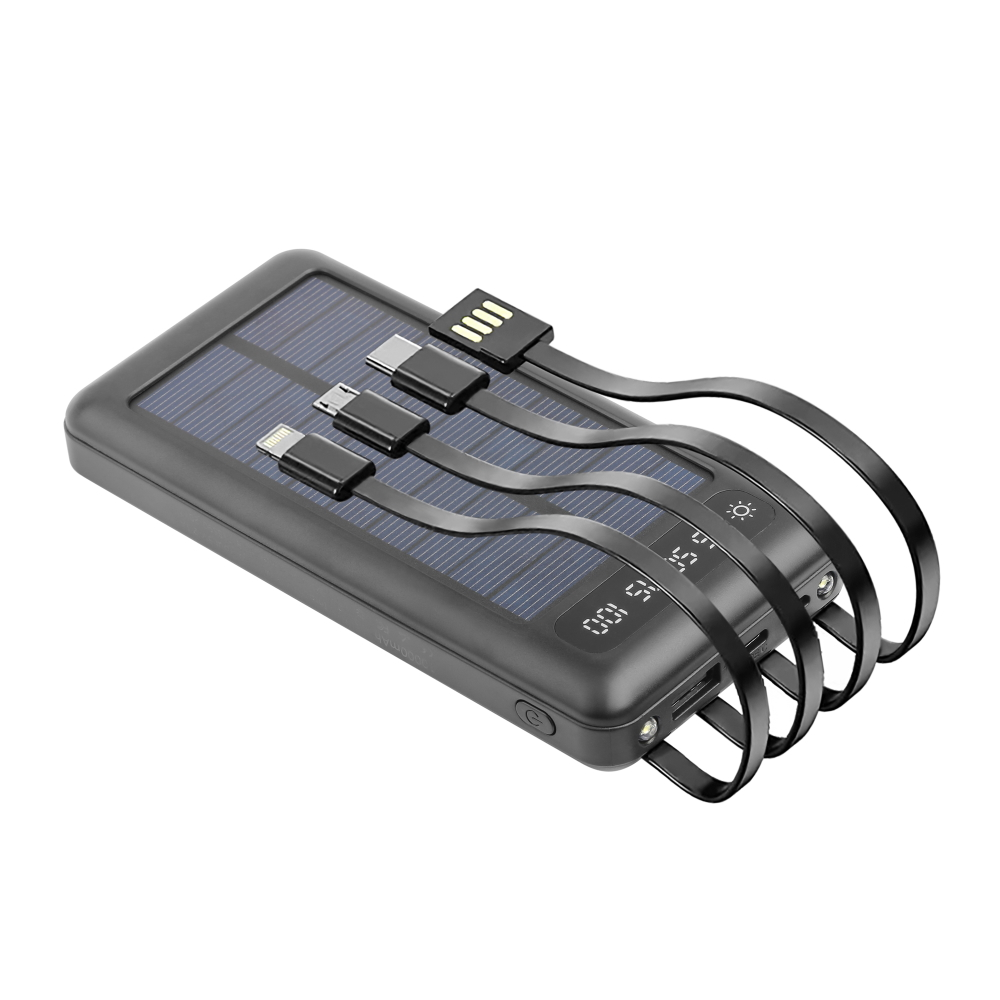 Czarna powerbank solarny z 3 wbudowanymi kablami ładującymi i wyświetlaczem cyfrowym.