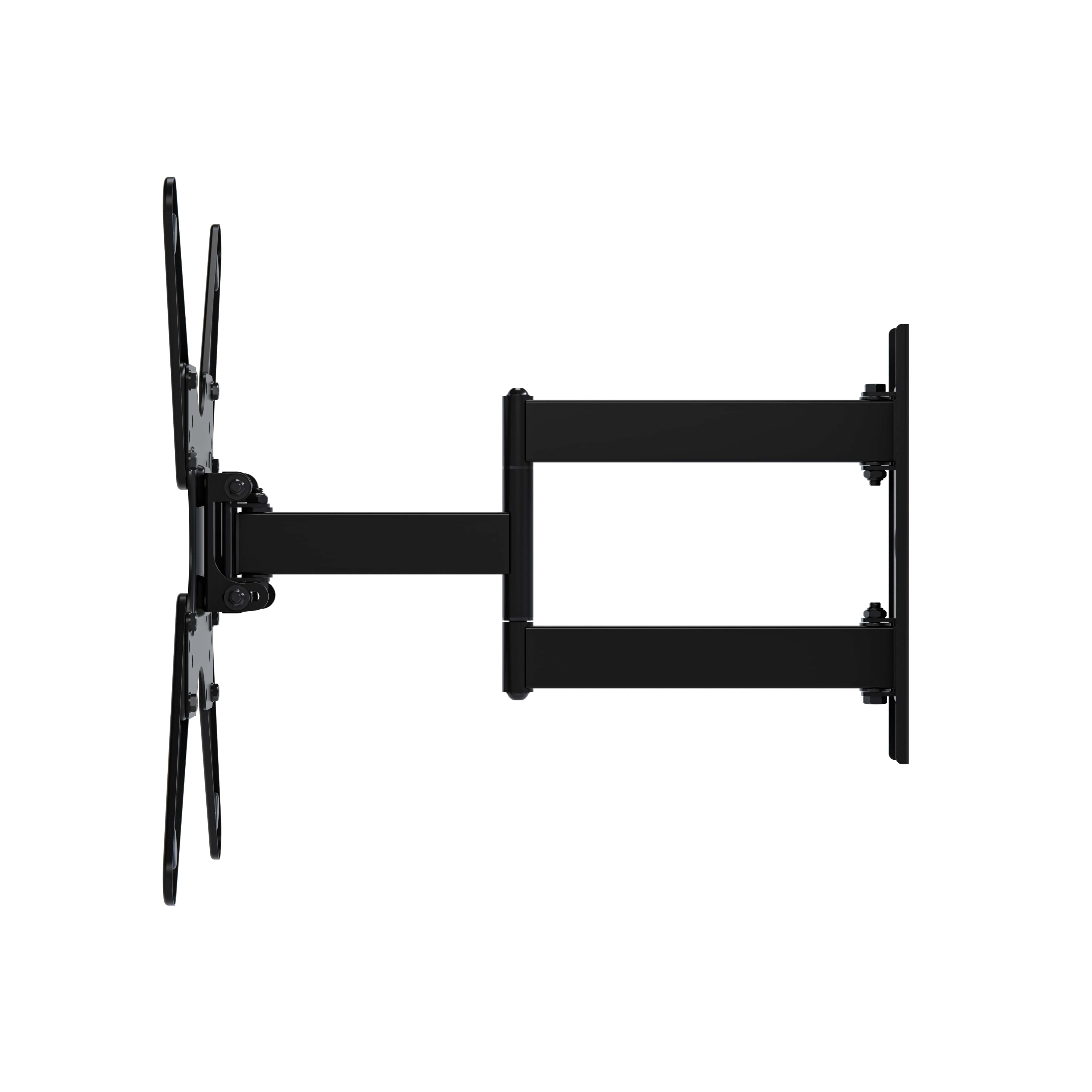 A black, extendable TV wall mount with articulating arms.