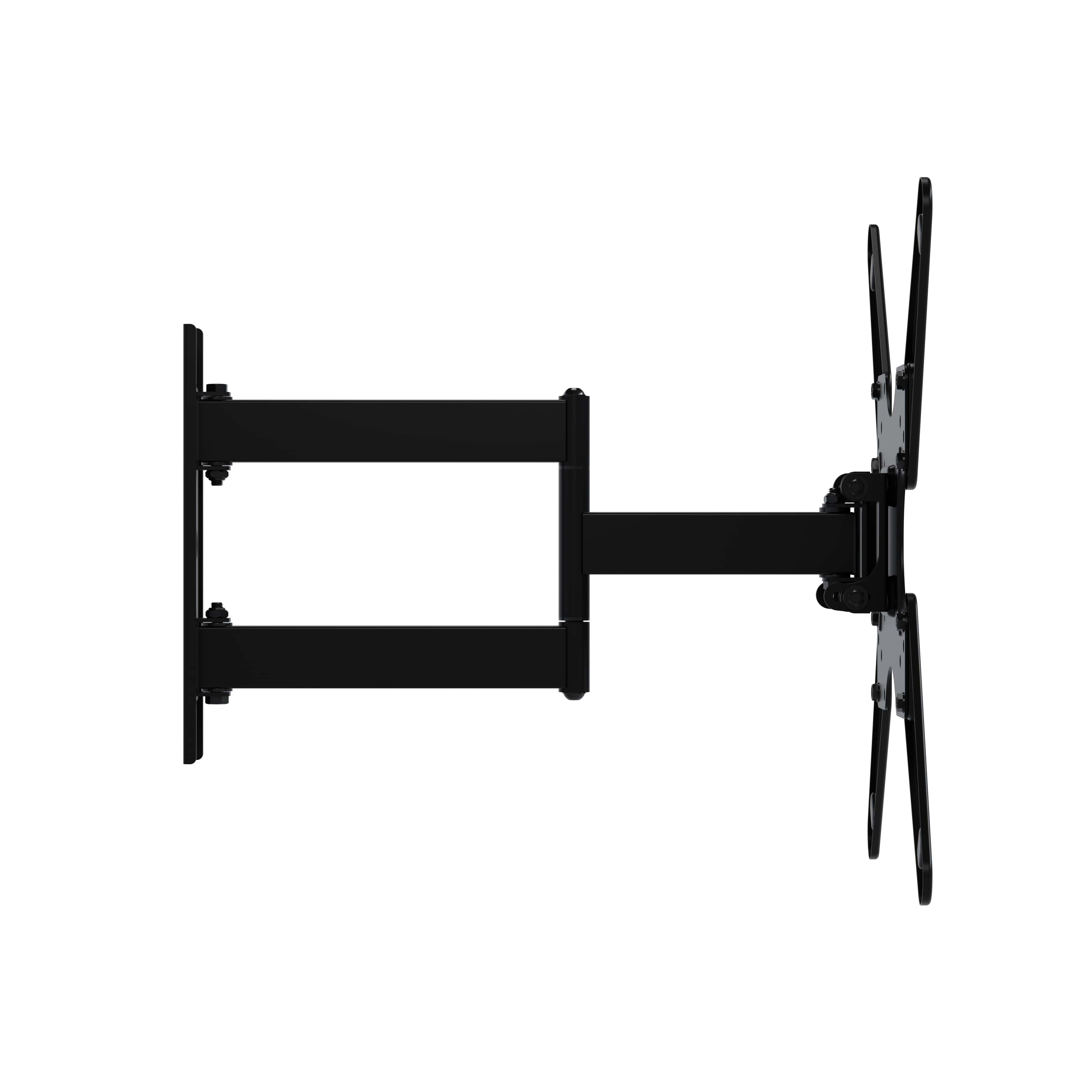 Black articulating TV wall mount with extension arm and mounting plate.