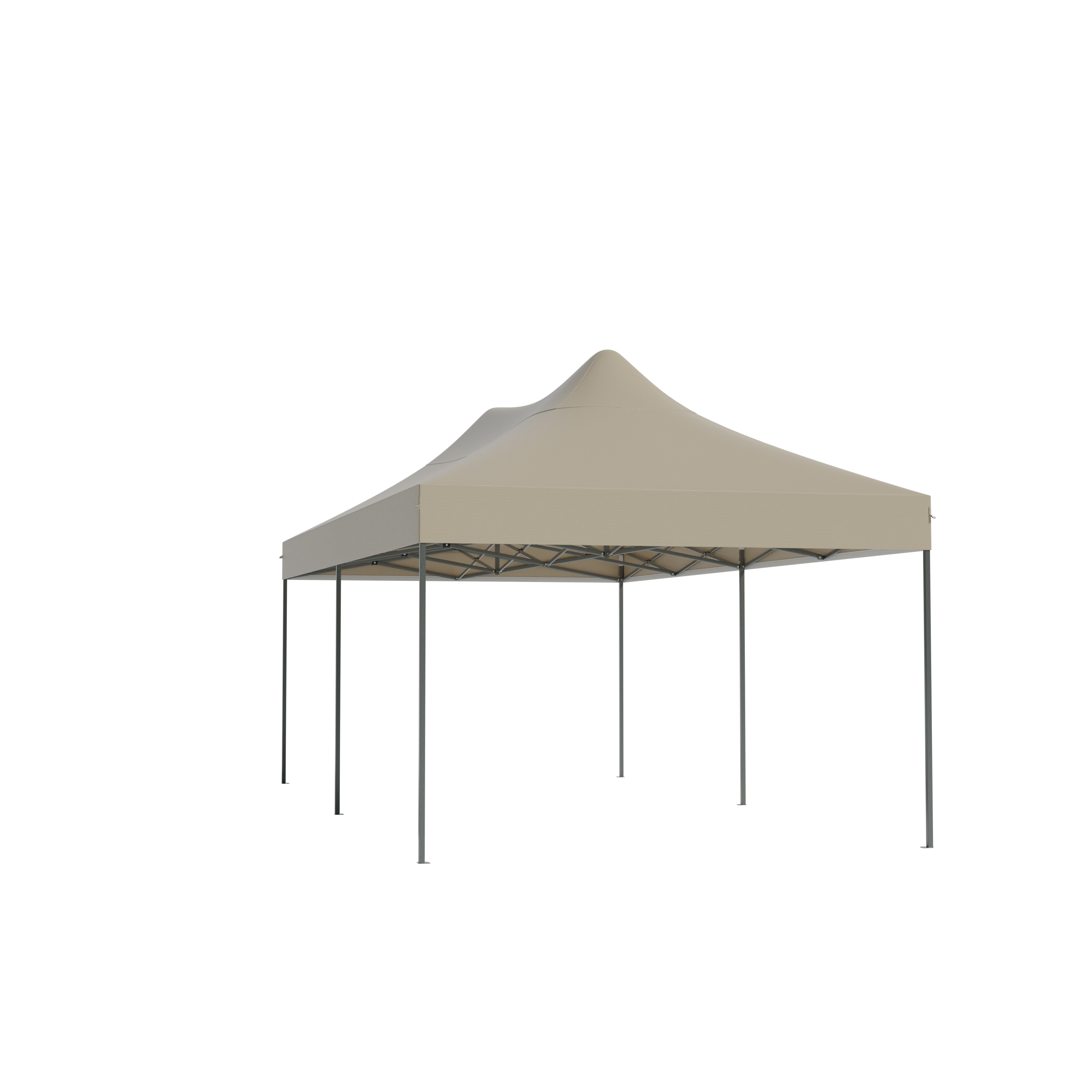 A beige pop-up tent with a metal frame stands against a white background.