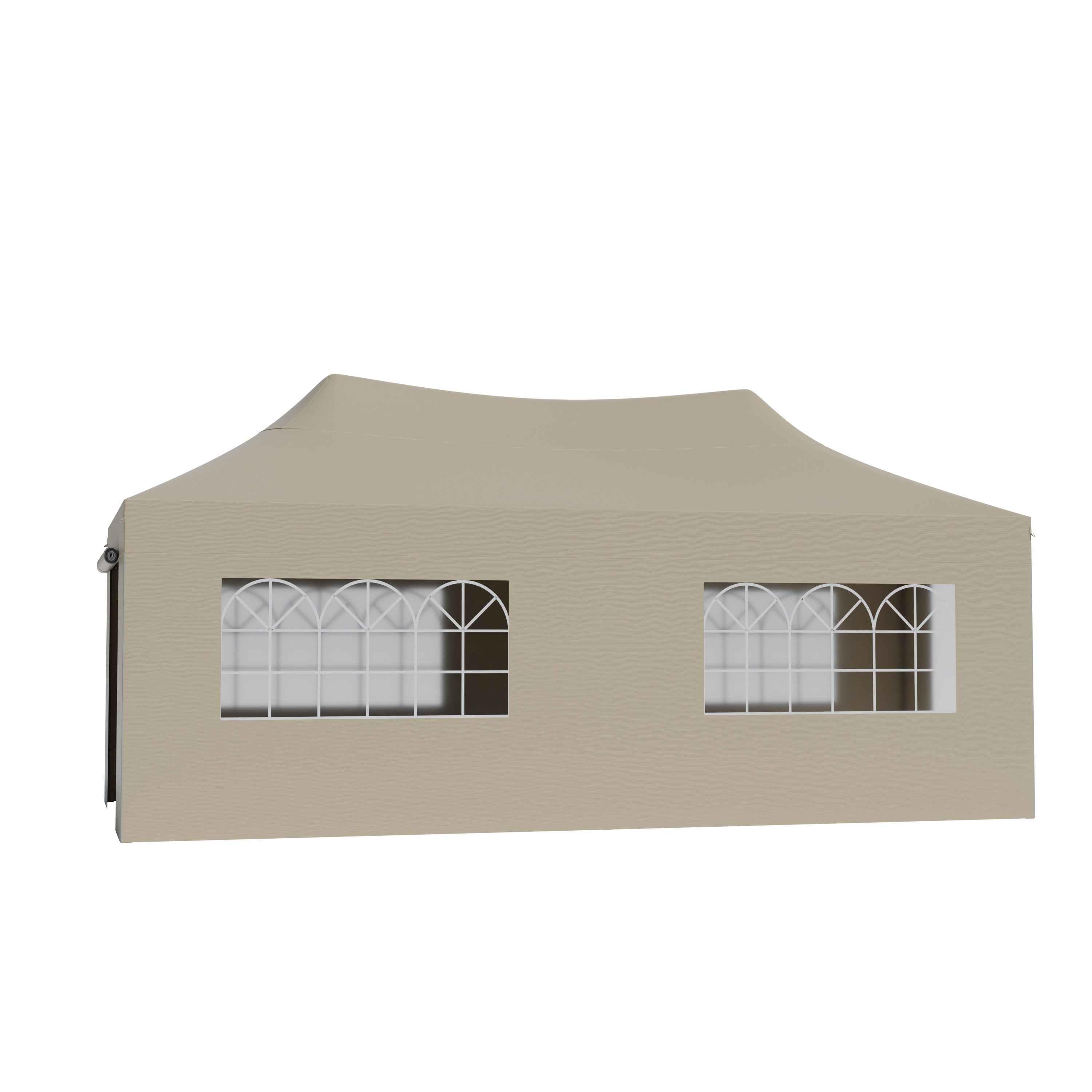 A tan tent with two windows featuring white grilles.