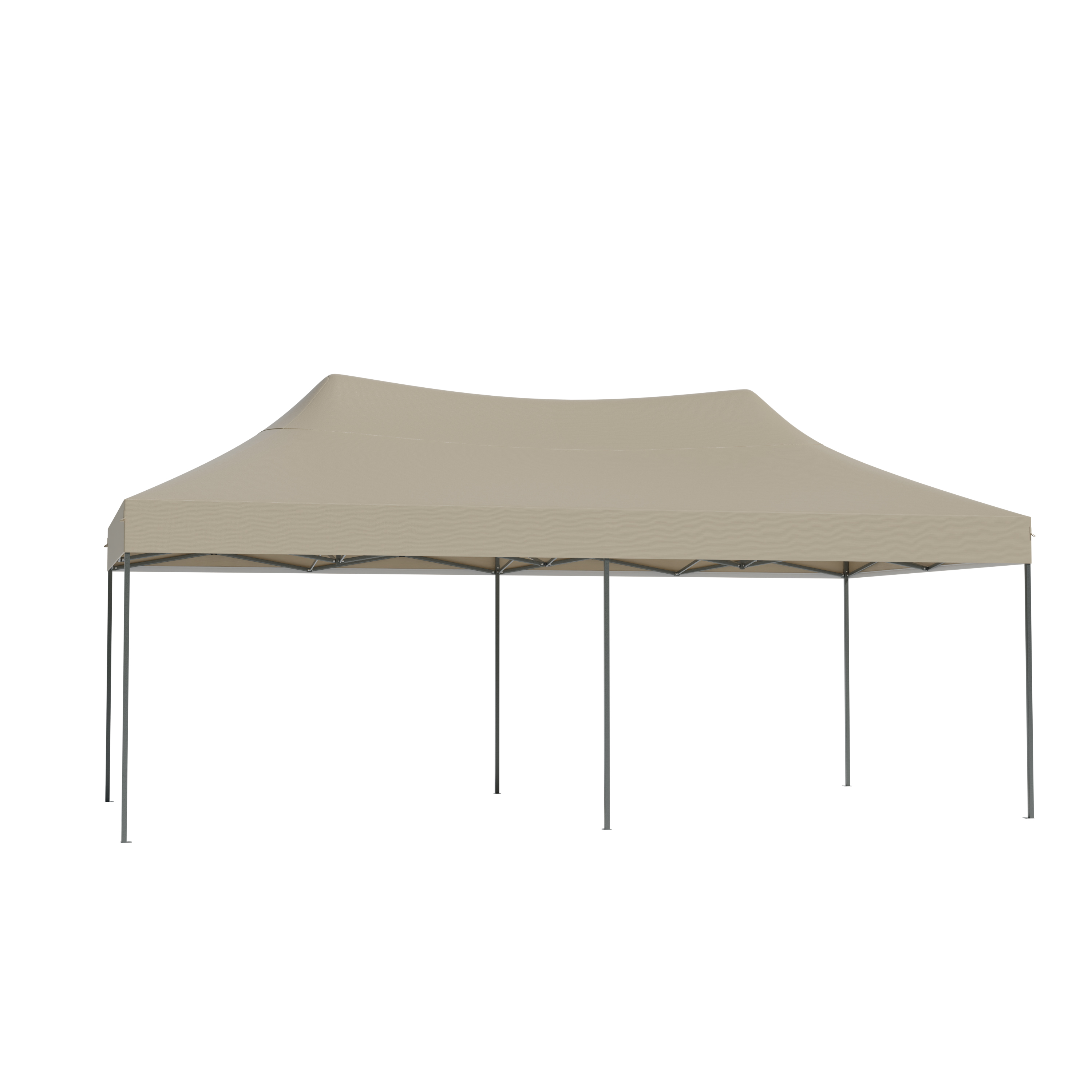 A tan canopy tent with a metal frame and eight legs, shown freestanding on a white background.