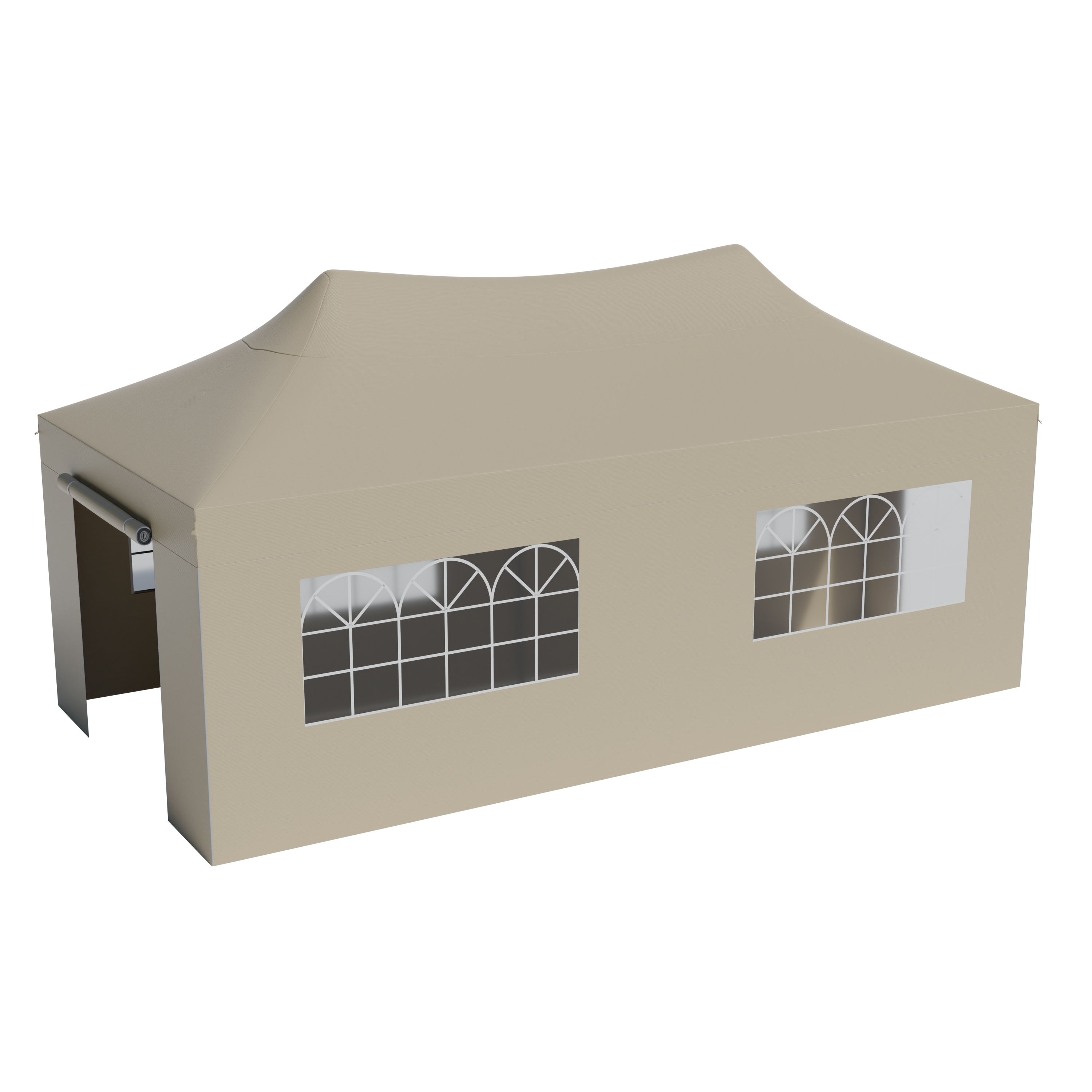 A beige tent with windows and open sides.