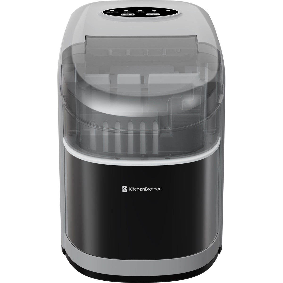 A compact, modern ice maker with a transparent lid and black body.