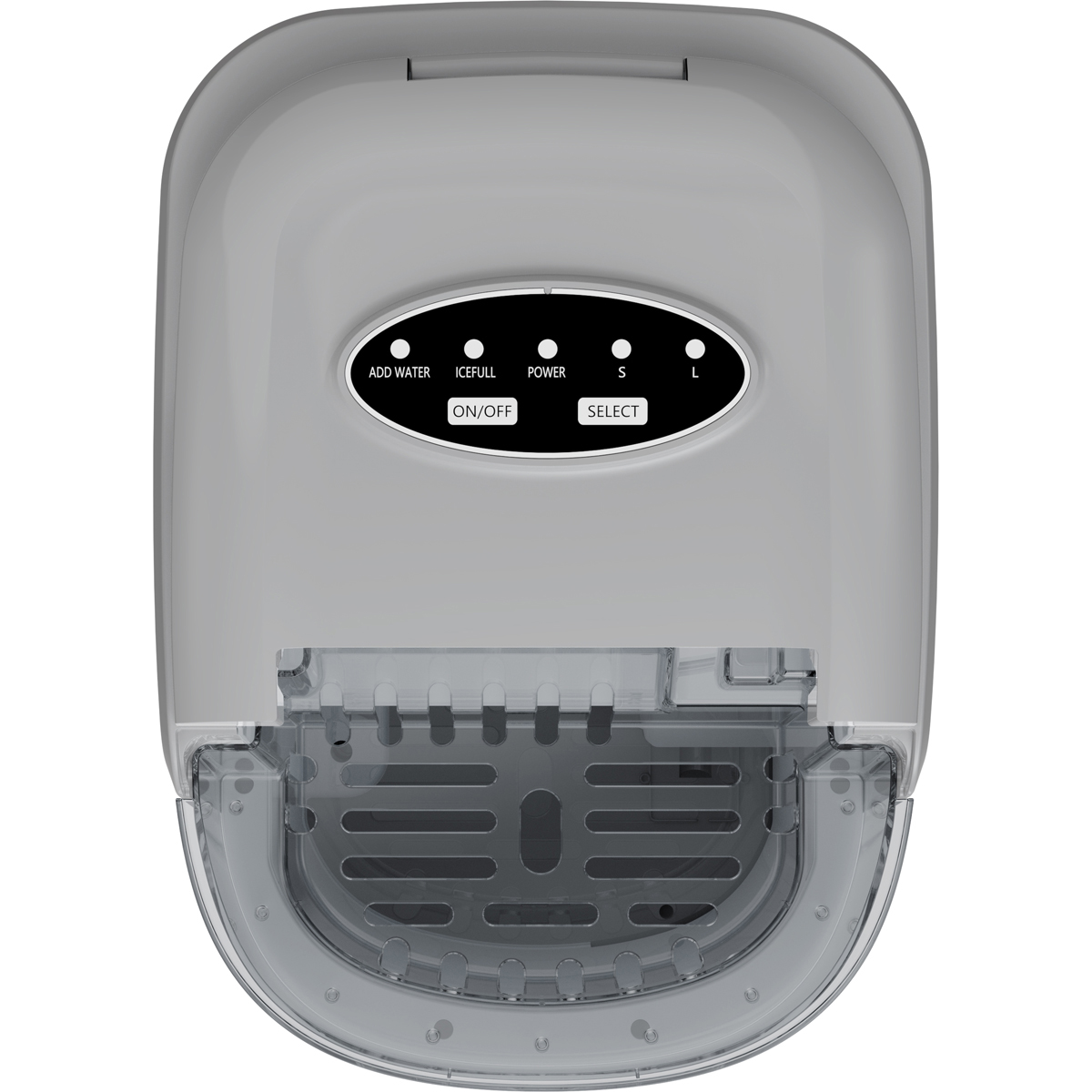 Gray ice maker with control panel displaying status lights and buttons.