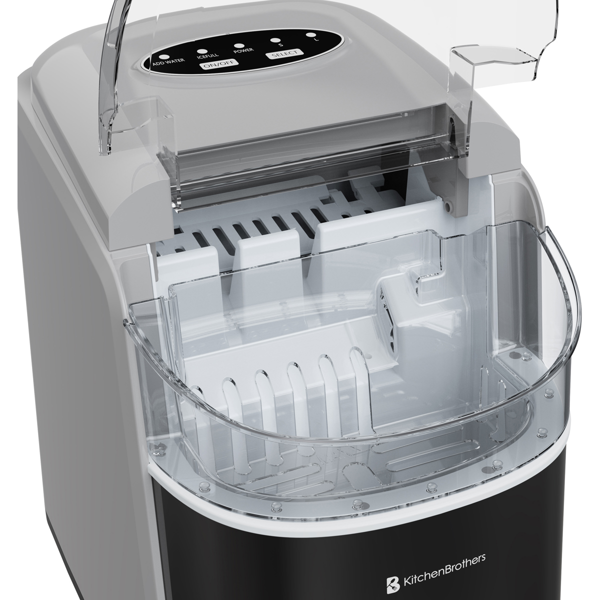 A close-up of a modern silver and black ice maker with a clear ice bin.