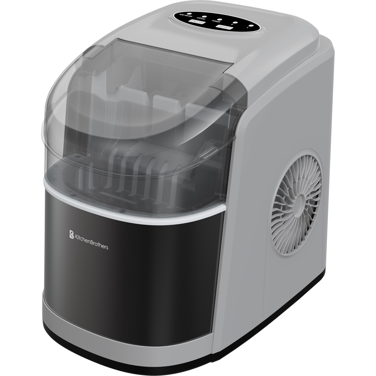 Gray ice maker with clear lid and black bin.