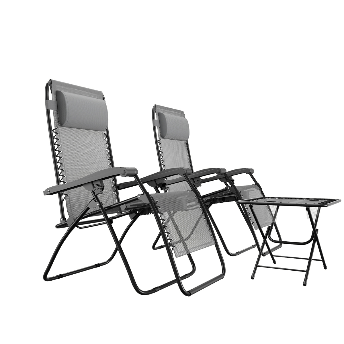 Twee grijze zero gravity stoelen met verstelbare hoofdsteunen en een kleine klaptafel.
