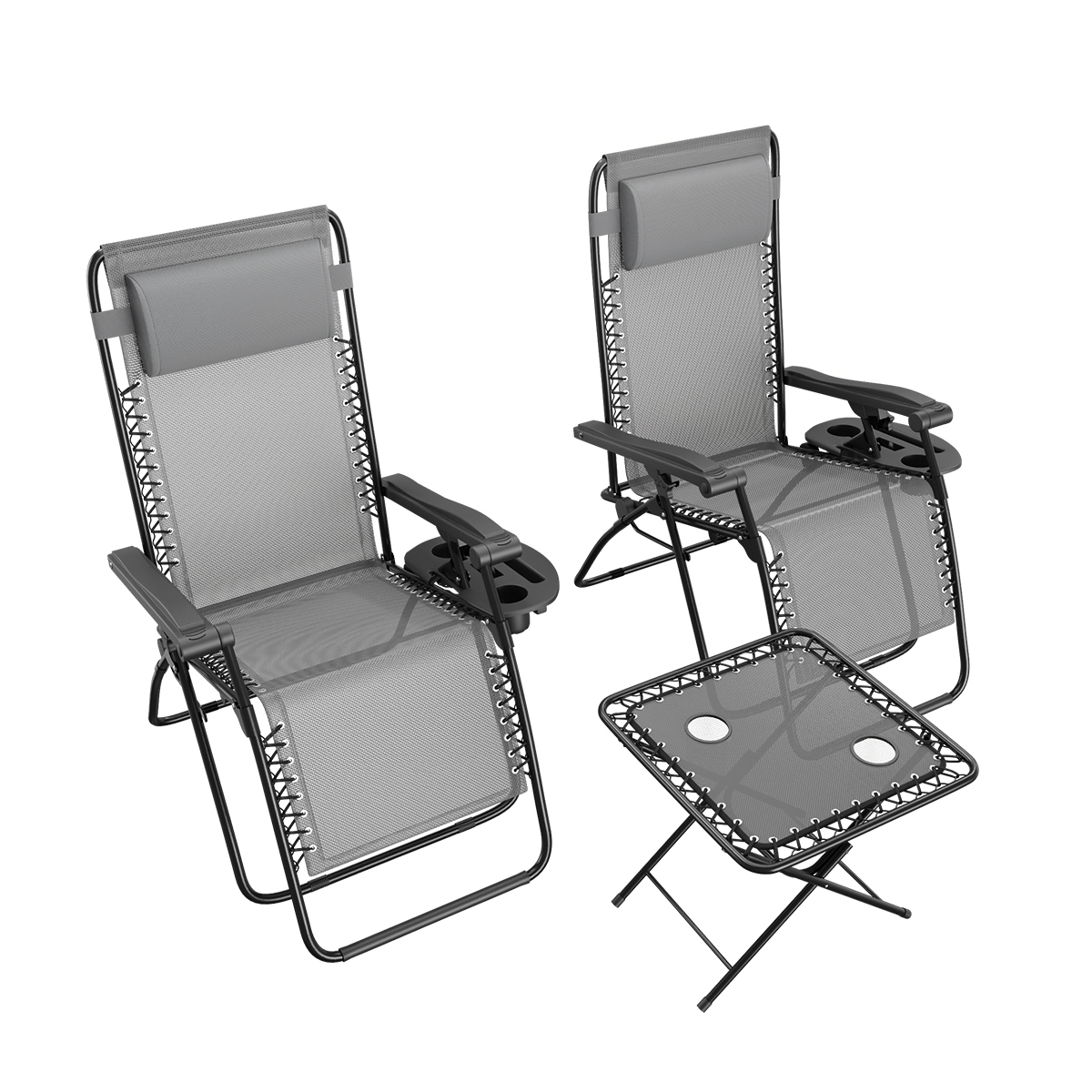 Twee grijze zero-gravity stoelen met hoofdsteunen en bijzettafel op witte achtergrond.
