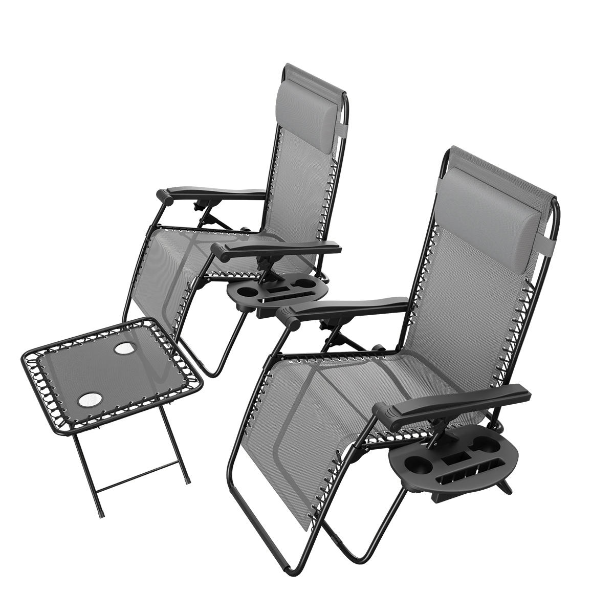 Twee grijze zero gravity stoelen met bekerhouders en een bijzettafeltje.
