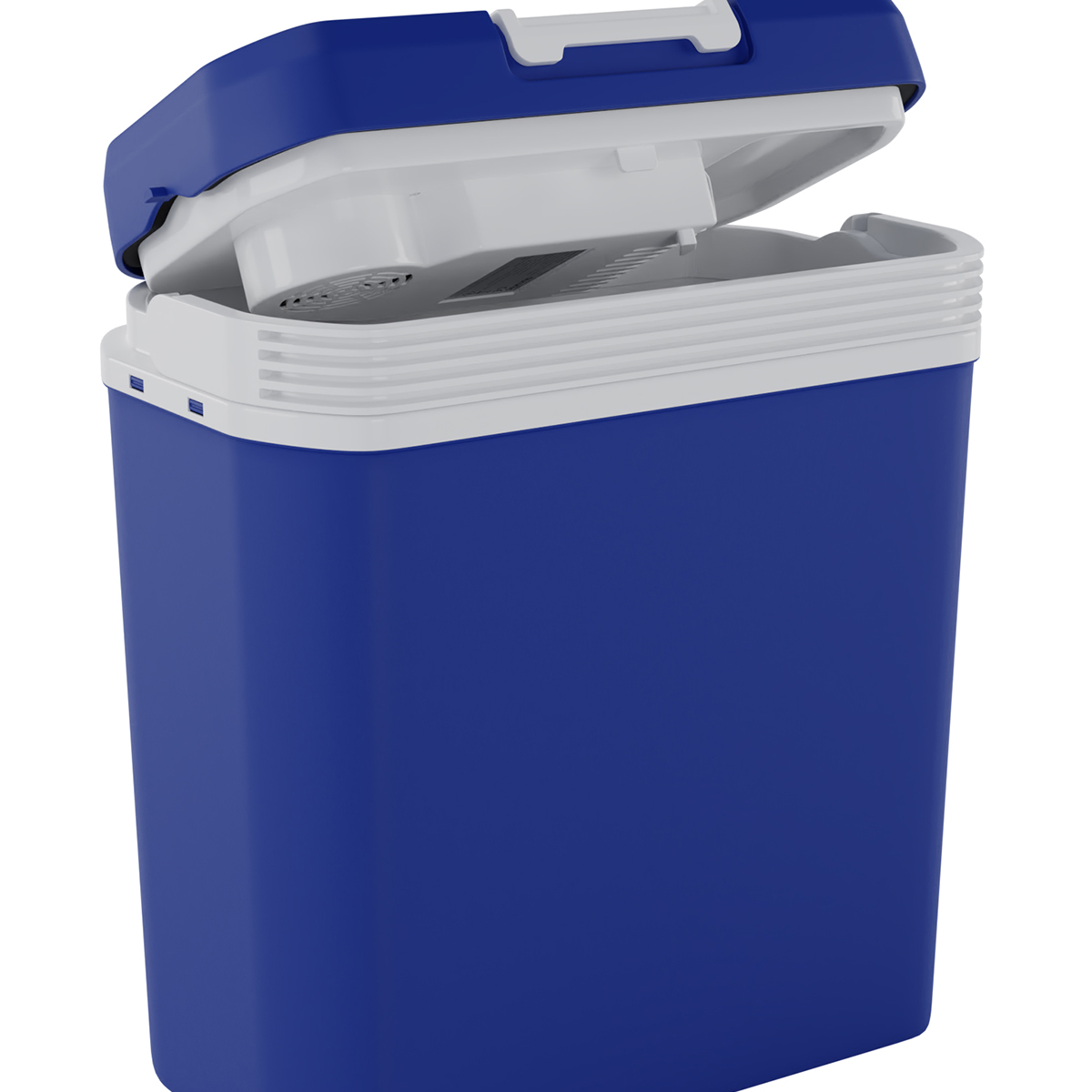 Een blauwe koelbox met het witte deksel open, geïsoleerd op witte achtergrond.