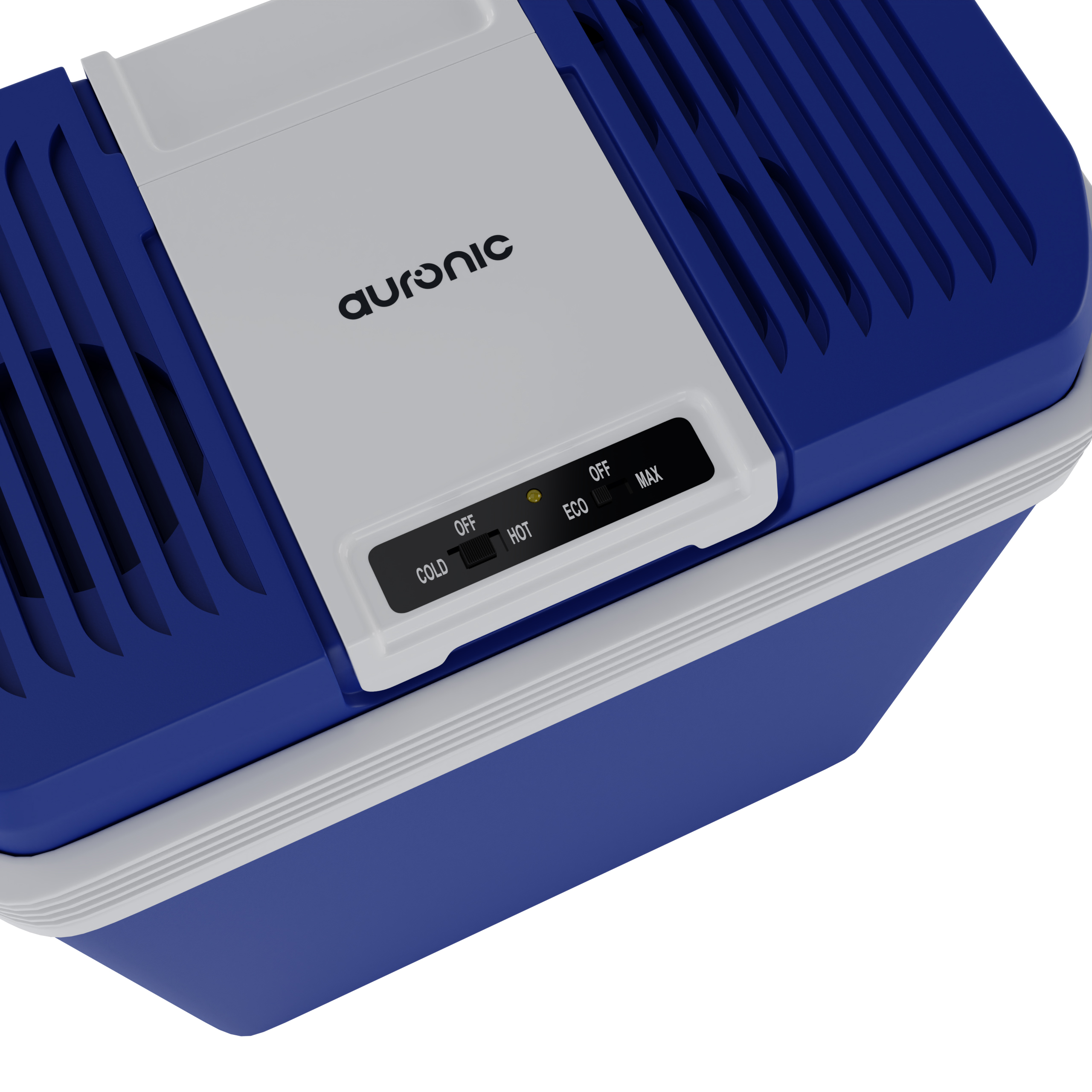 Een blauwe en witte draagbare koelbox met ventilatieopeningen en een bedieningspaneel.