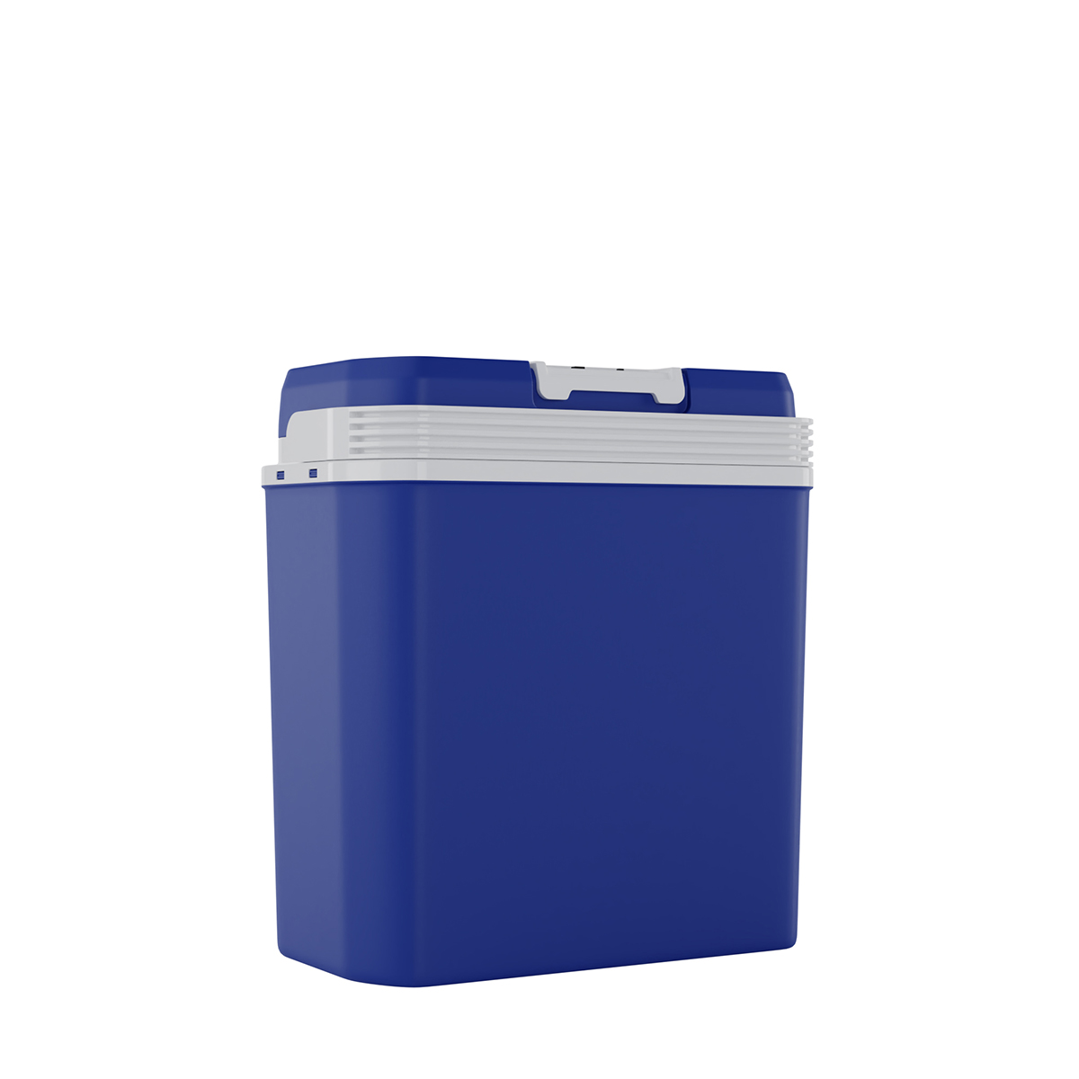 Een blauwe koelbox met een witte deksel en handvat staat tegen een witte achtergrond.