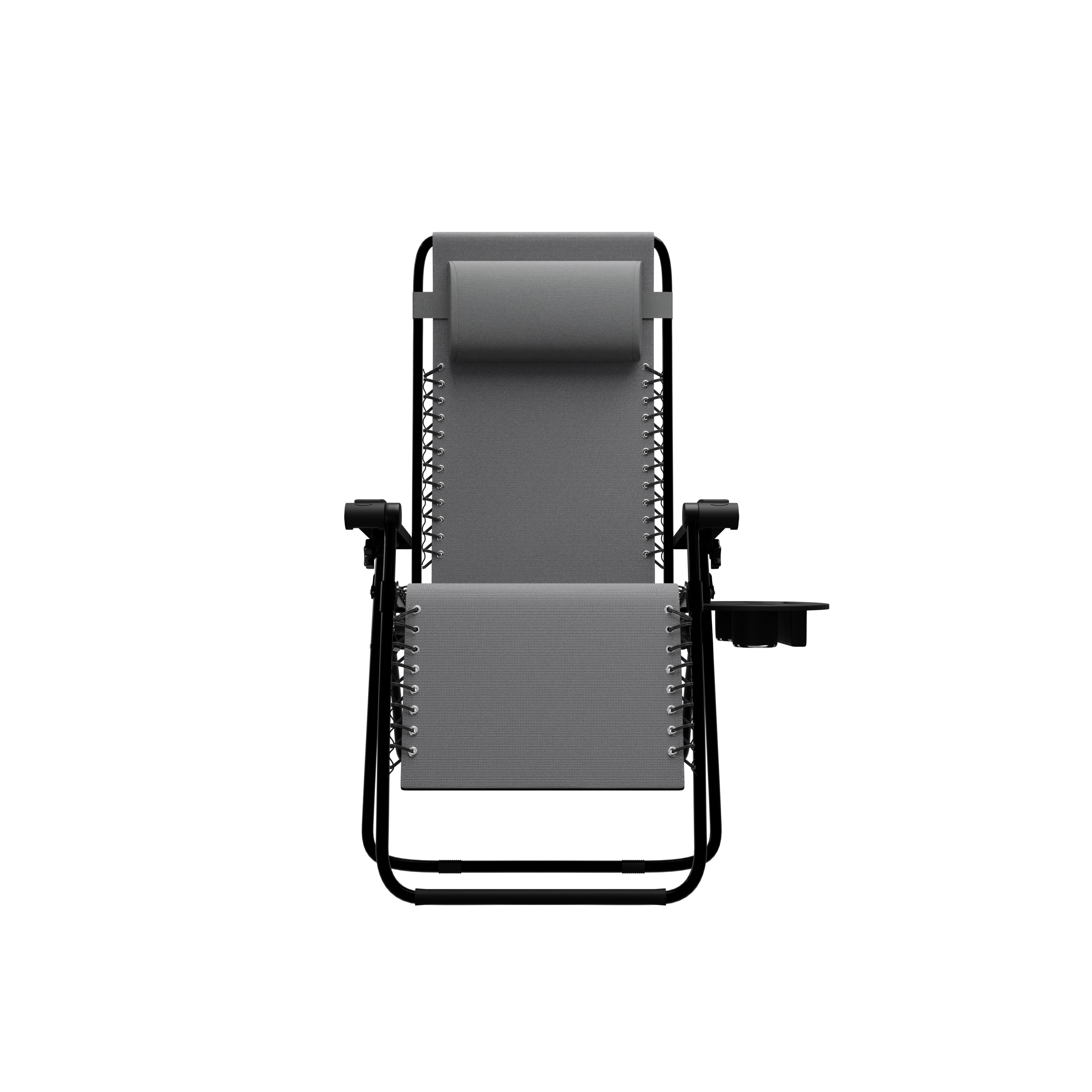 Grijze zero-gravity stoel met zwart metalen frame en bekerhouder.