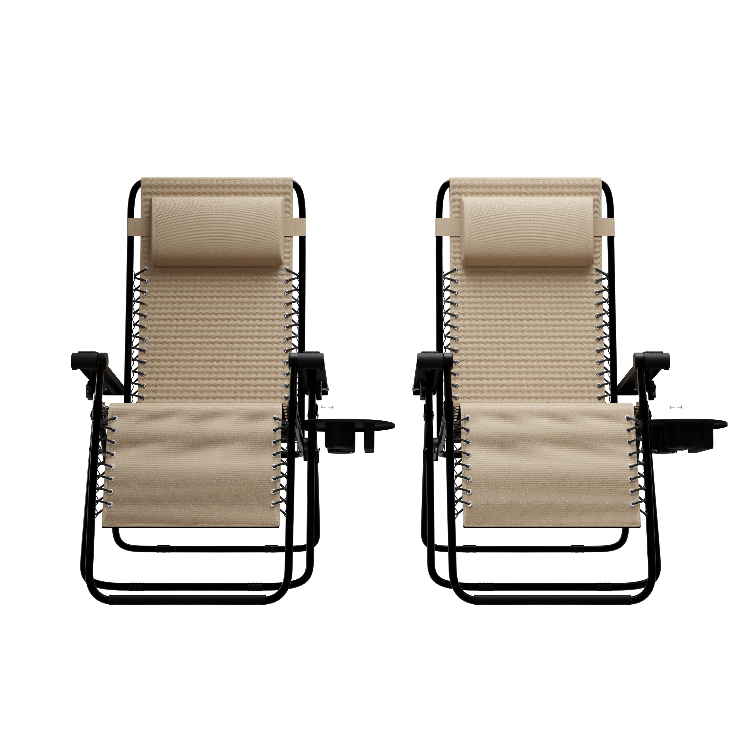 Twee beige zero gravity stoelen met zwart metalen frame en hoofdsteunen.