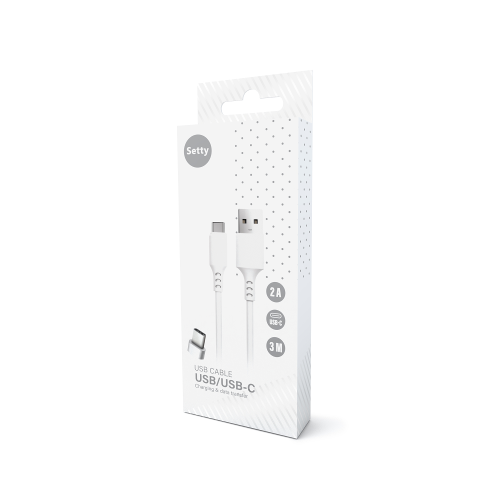 La confezione del cavo USB Setty mostra un cavo USB-C bianco con specifiche 2A e 3M.