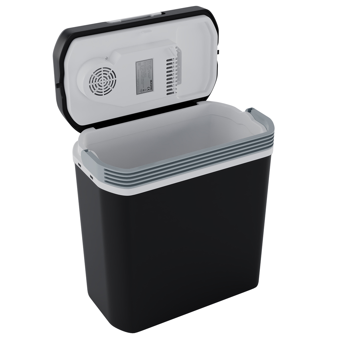 Une glacière noire ouverte avec intérieur blanc et ventilateur.