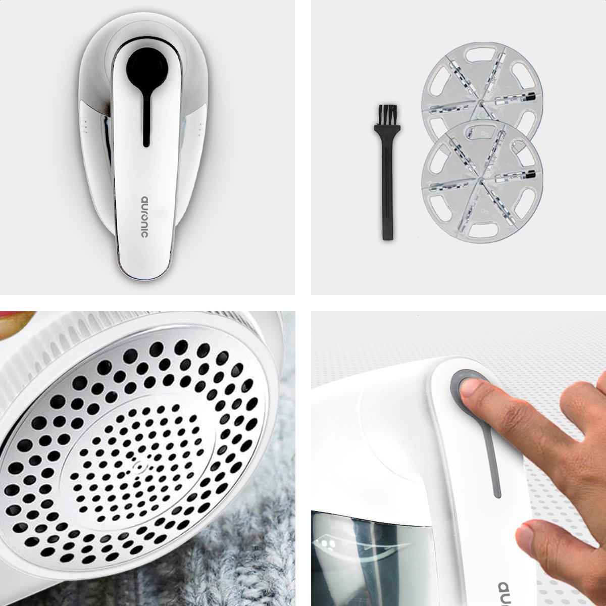 Wit pluizenverwijderaar met accessoires: borstel en reservemessen.