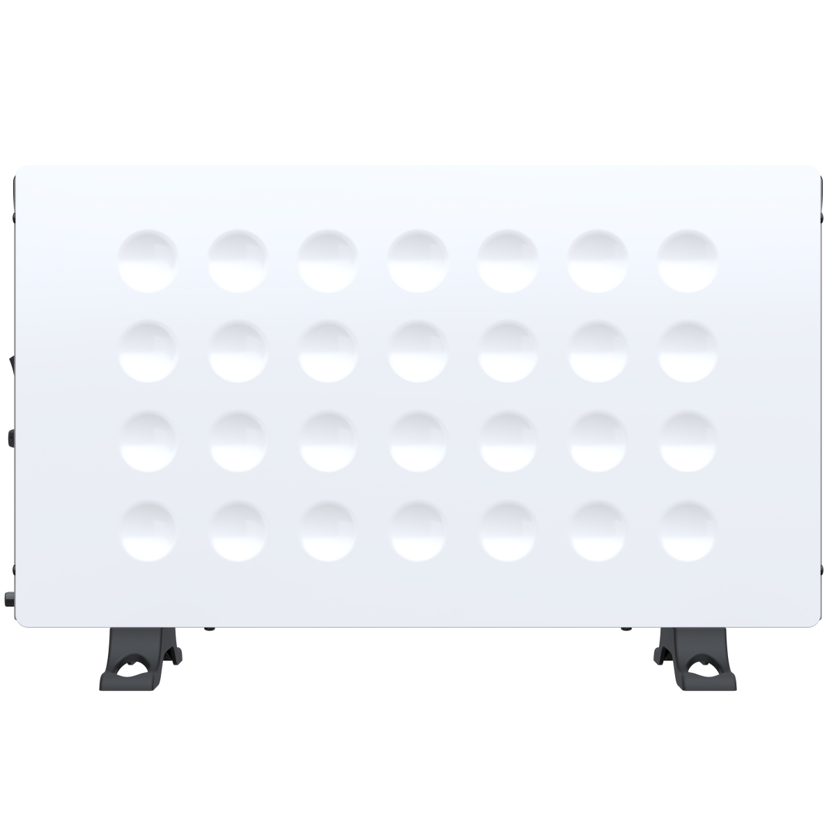 A white heater with circular indentations and dark feet.