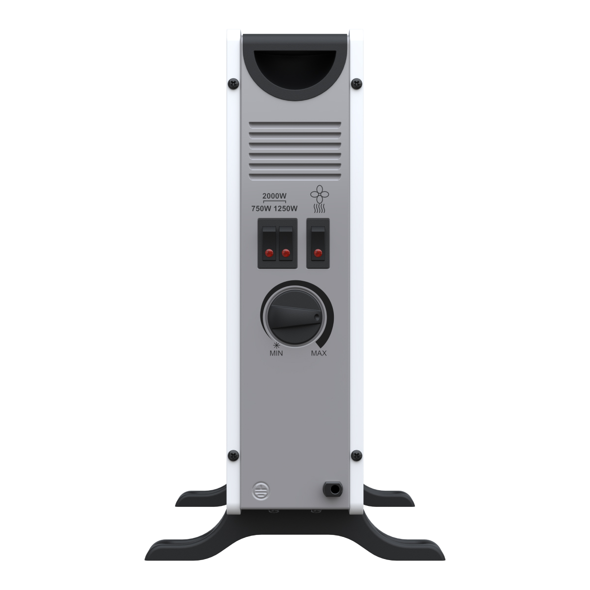 A white radiator with a black dial and two red switches.