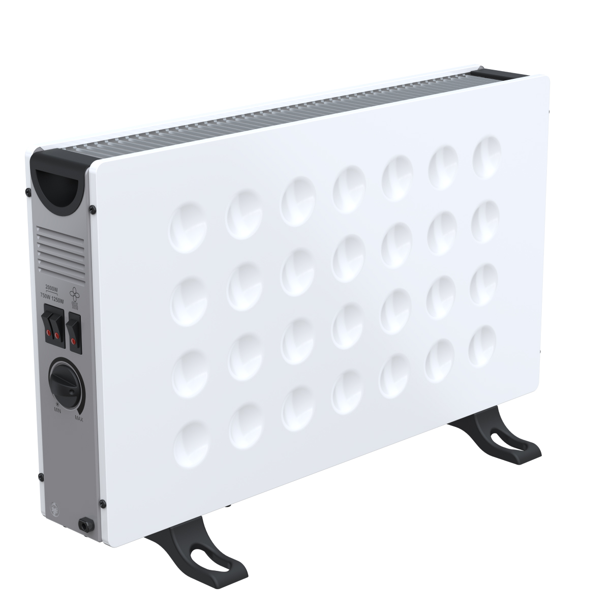 A white heater with grooves at the top and circular indentations on the front.