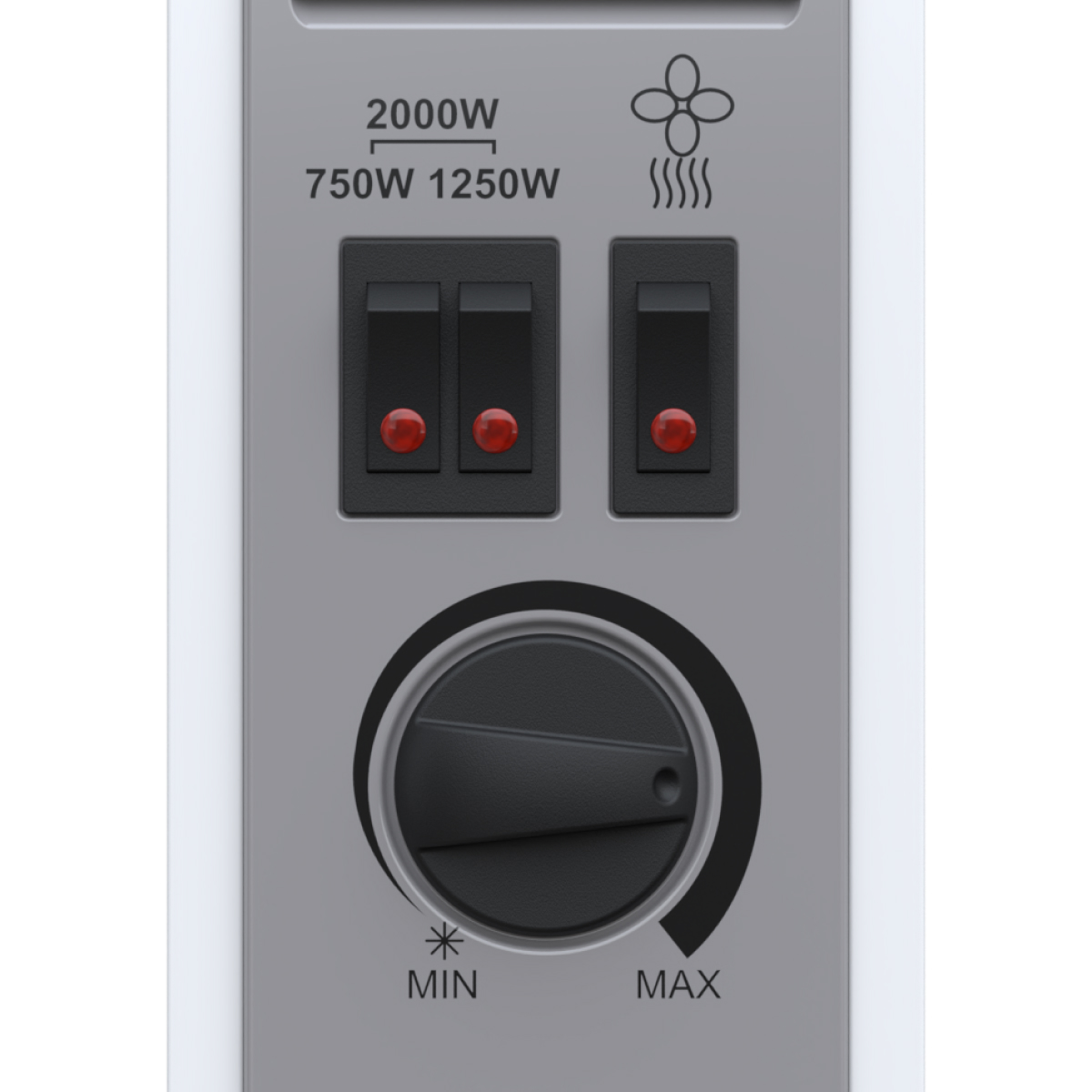 Control panel with switches, a dial, and power ratings.