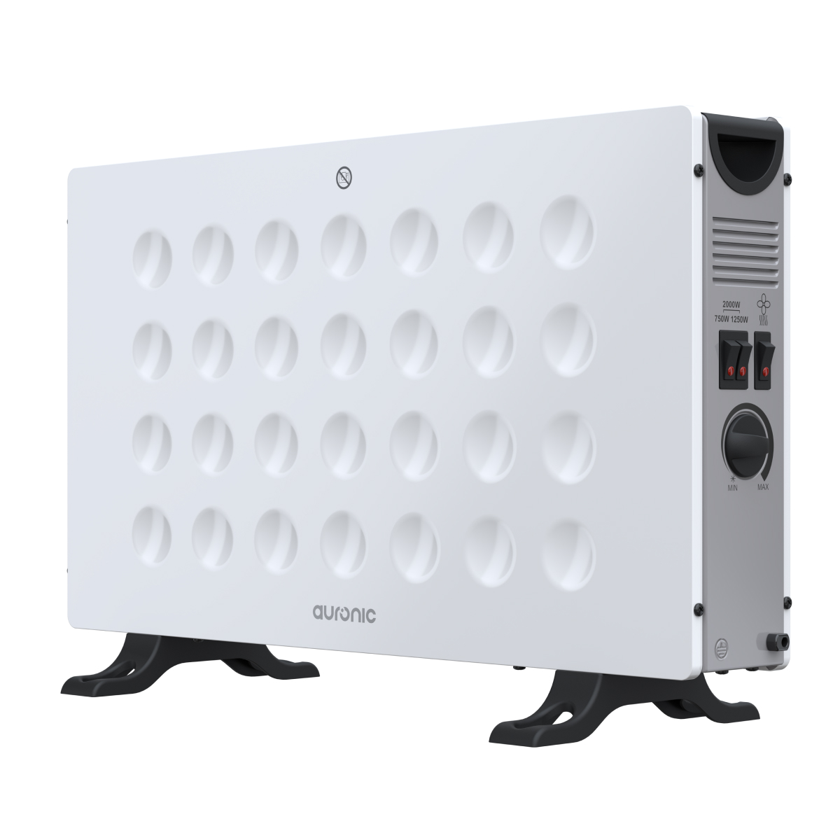 White Auronic electric heater with circular indentations and black feet. Control panel on side.