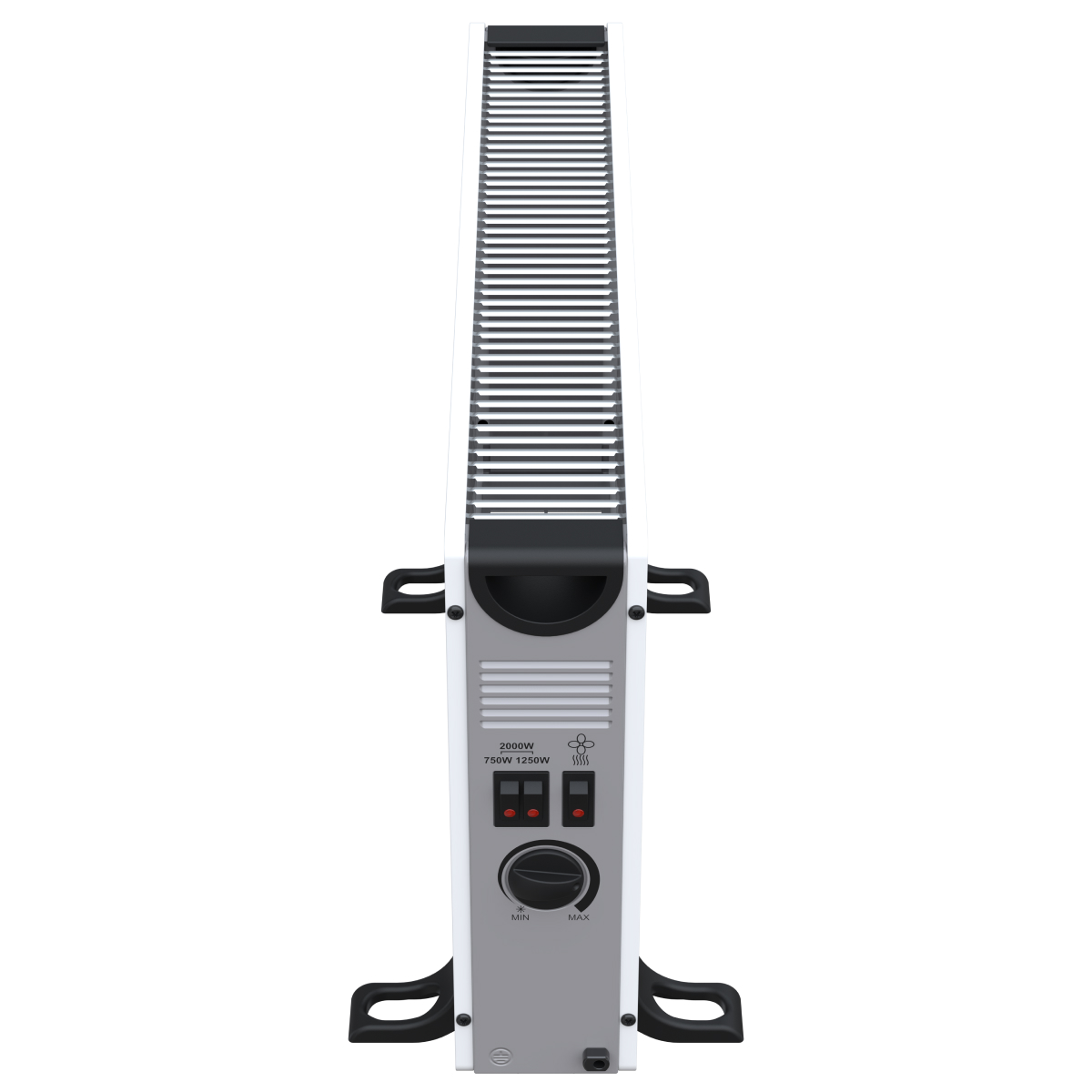 A tall, slim white electric heater with black top and controls.