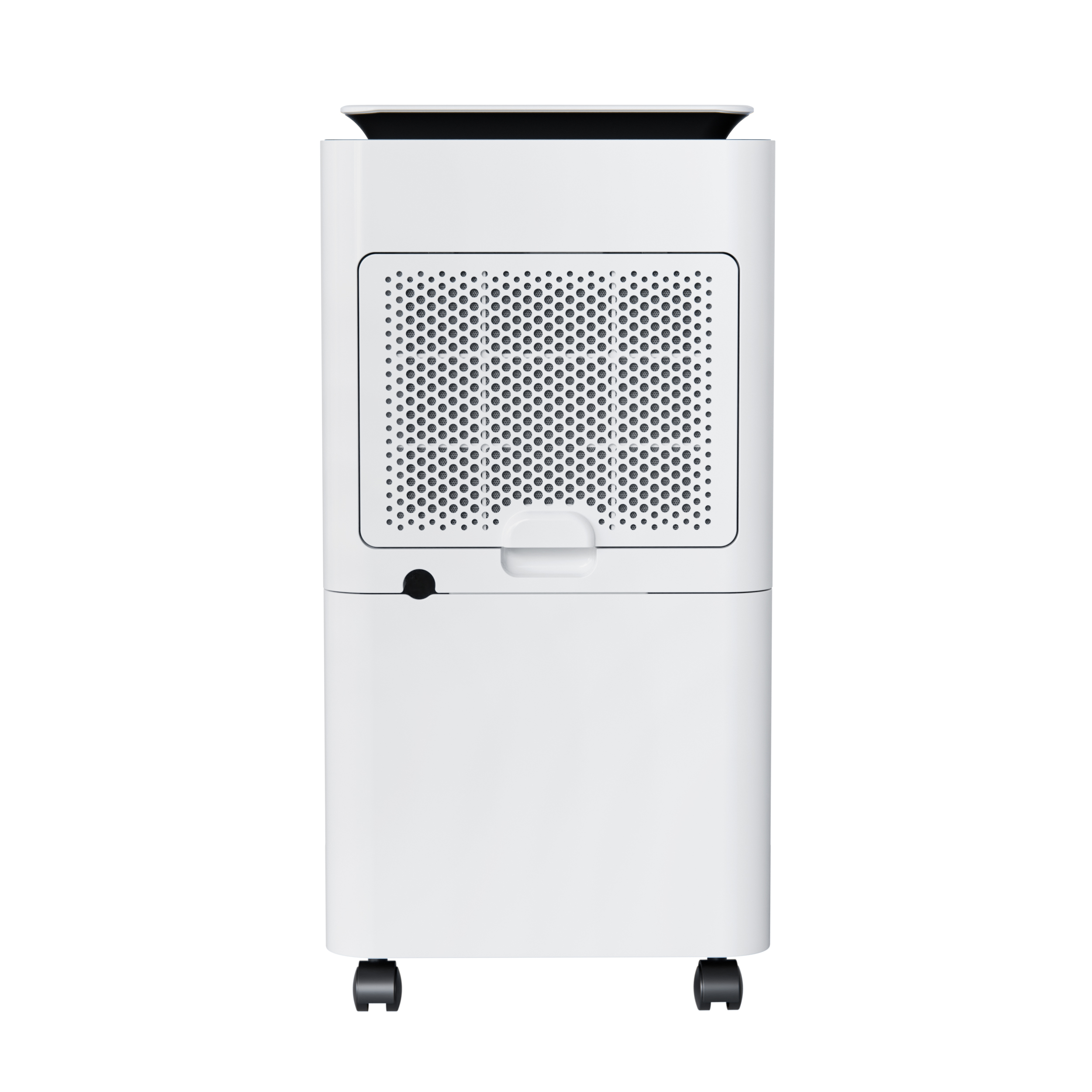 Un purificateur d'air blanc avec roues et grille perforée à l'avant.