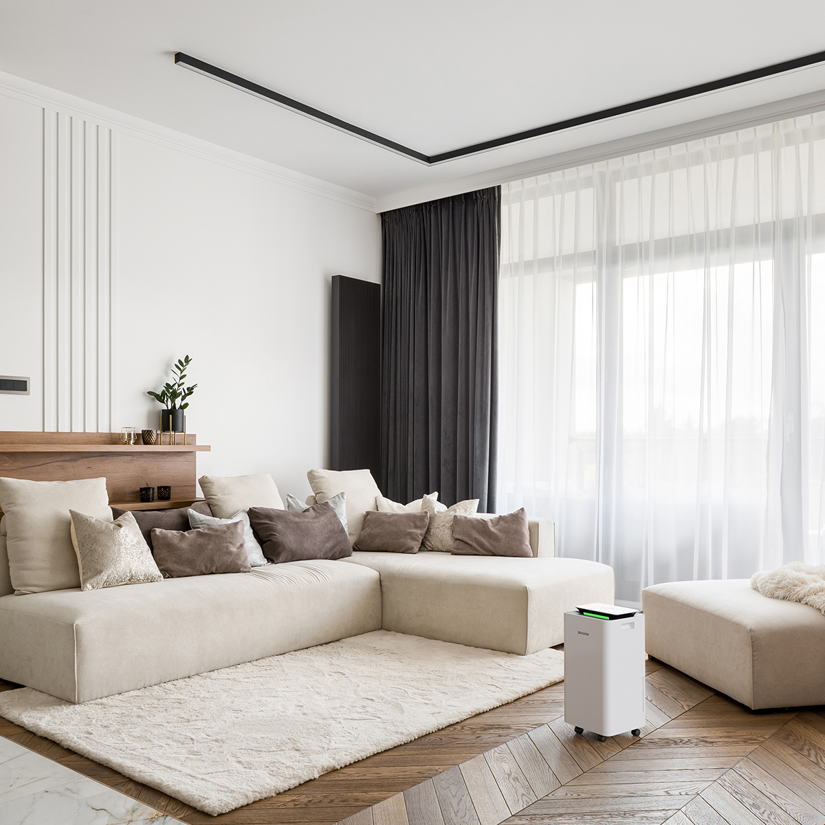Un grand salon lumineux avec un canapé d'angle, un tapis et un purificateur d'air.