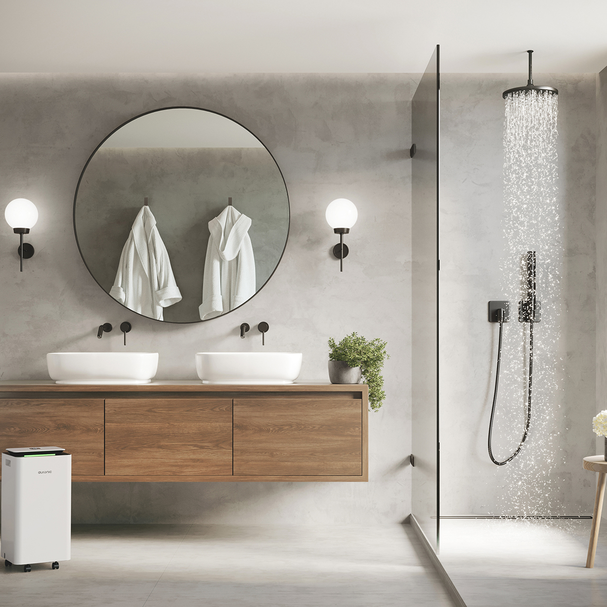 Salle de bain moderne avec double vasque, douche et déshumidificateur blanc.