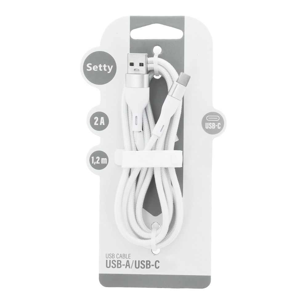 Biały kabel Setty USB-A do USB-C, 1,2m, 2A, w opakowaniu.
