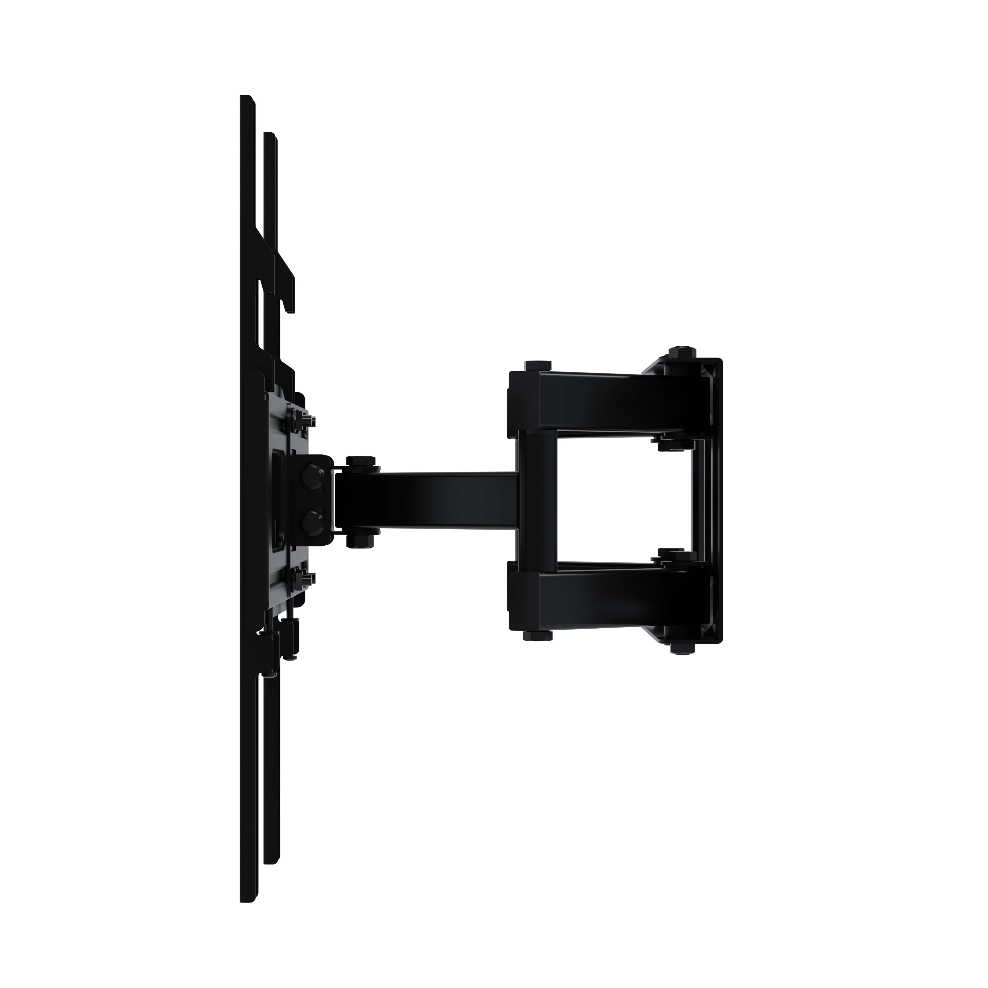 Schwarze Wandhalterung für Fernseher, seitliche Ansicht, mit ausziehbarem Arm.