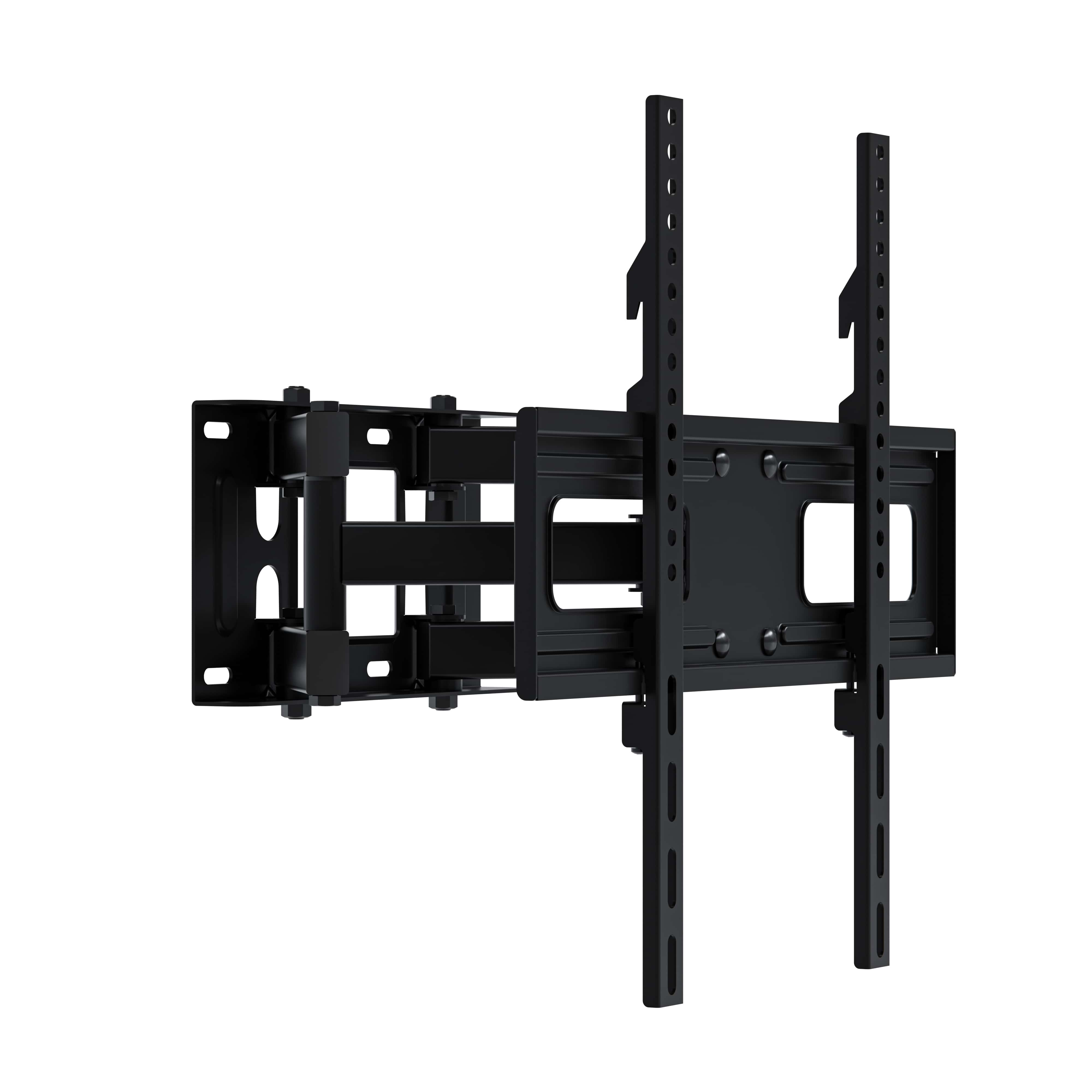 Schwarzer, verstellbarer TV-Wandhalter mit mehreren Gelenken und Lochungen.