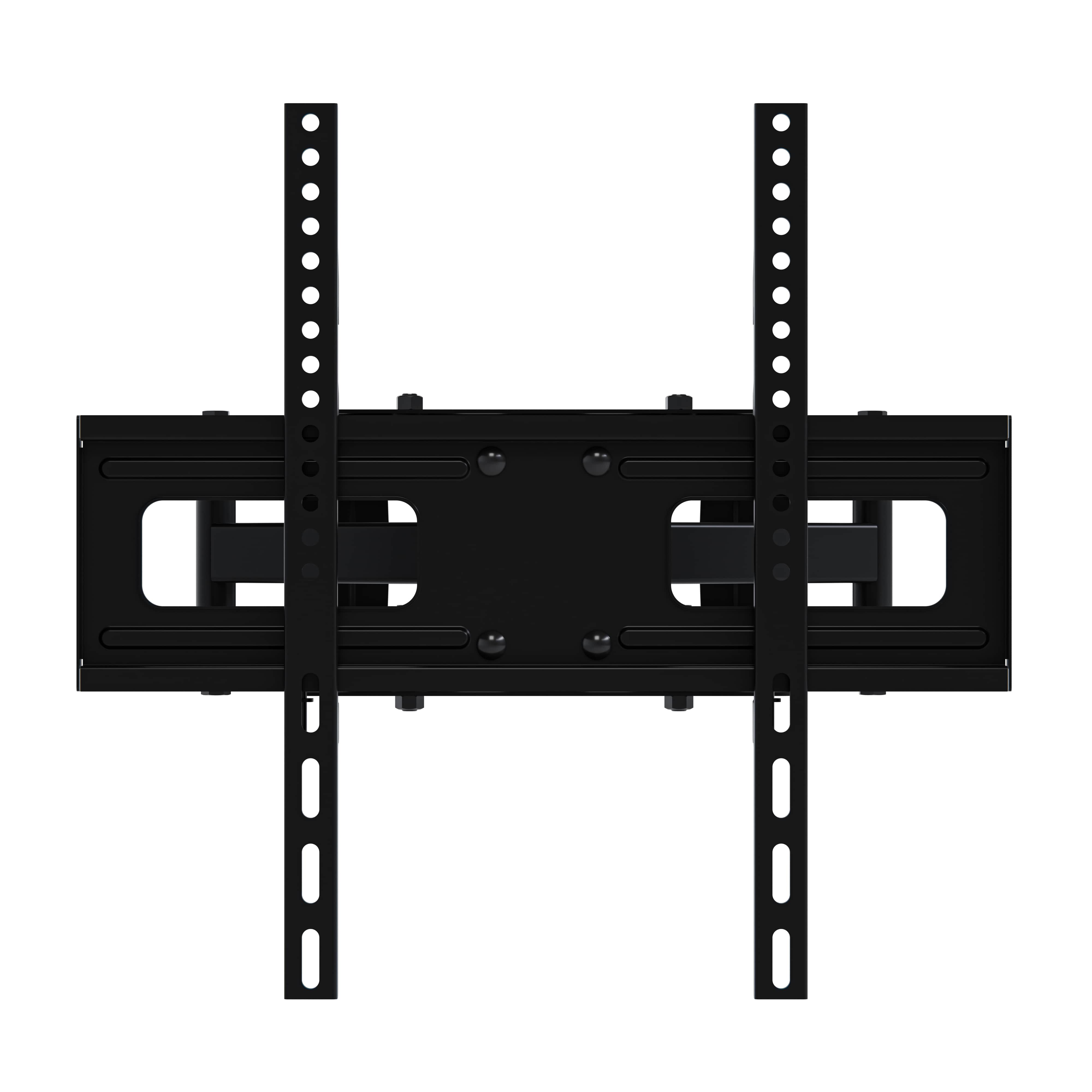 Eine schwarze TV-Wandhalterung mit verstellbaren Armen und Lochmuster.