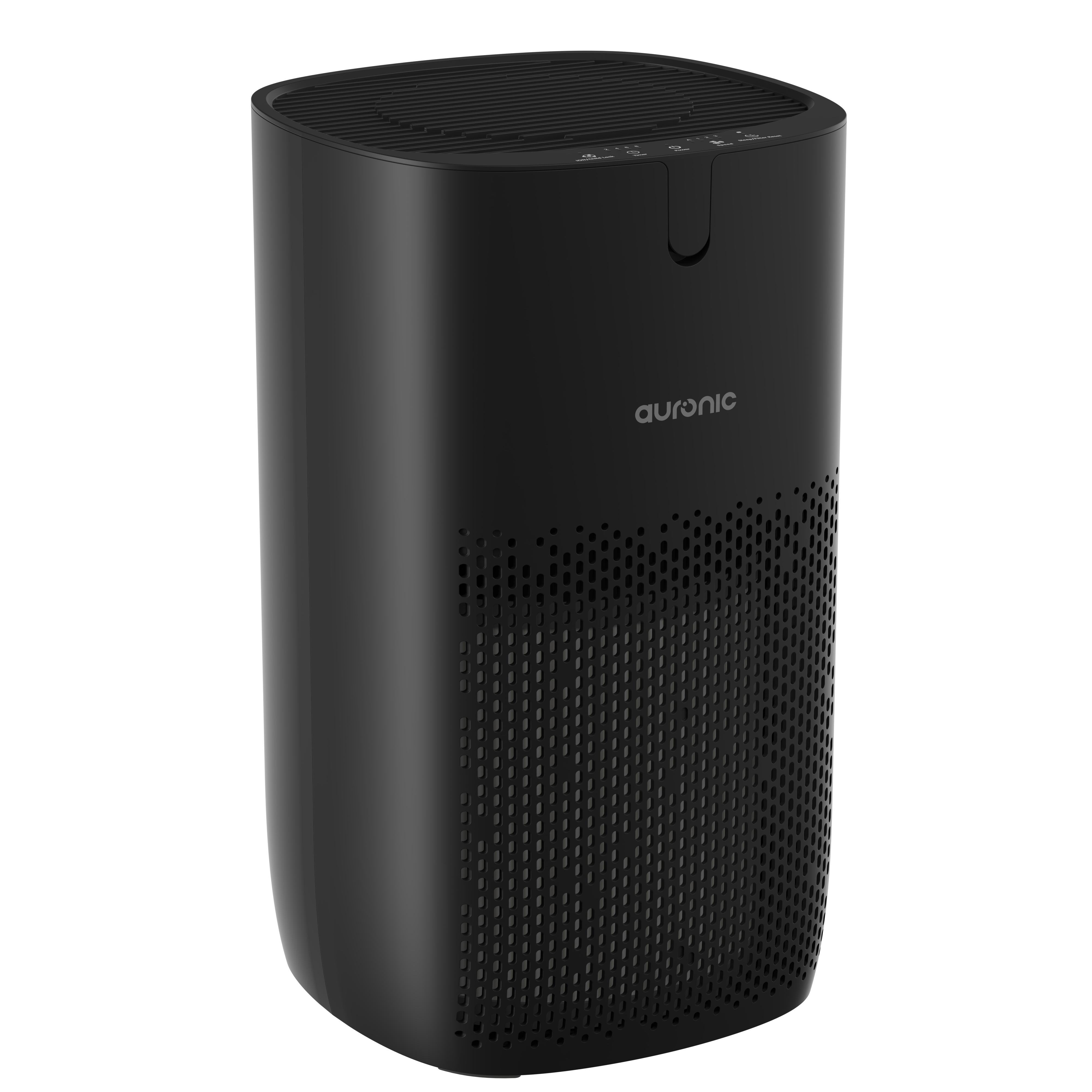 Purificateur d'air noir avec fentes d'aération dessus et sur les côtés.