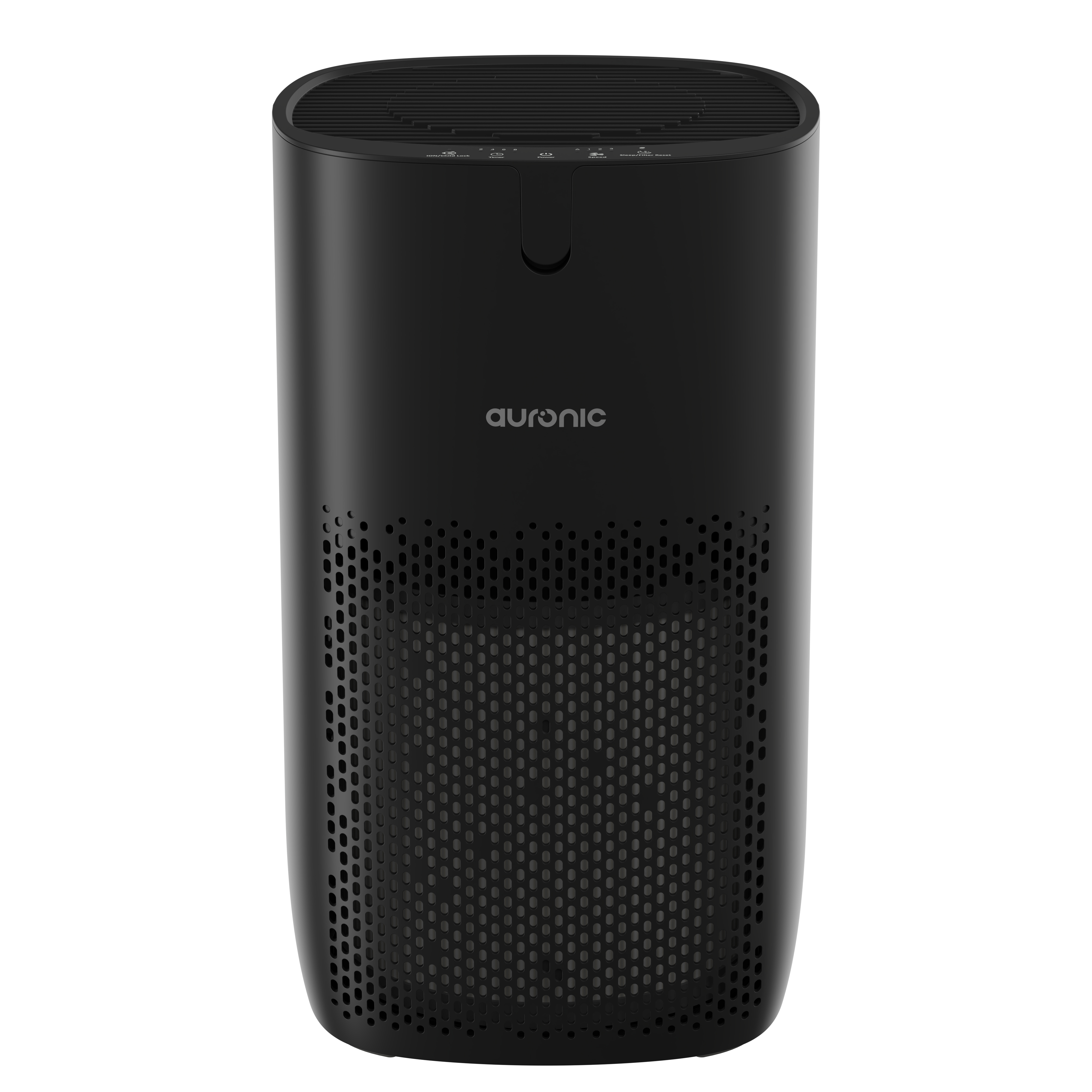 Un purificateur d'air noir avec des aérations en haut et des côtés perforés.