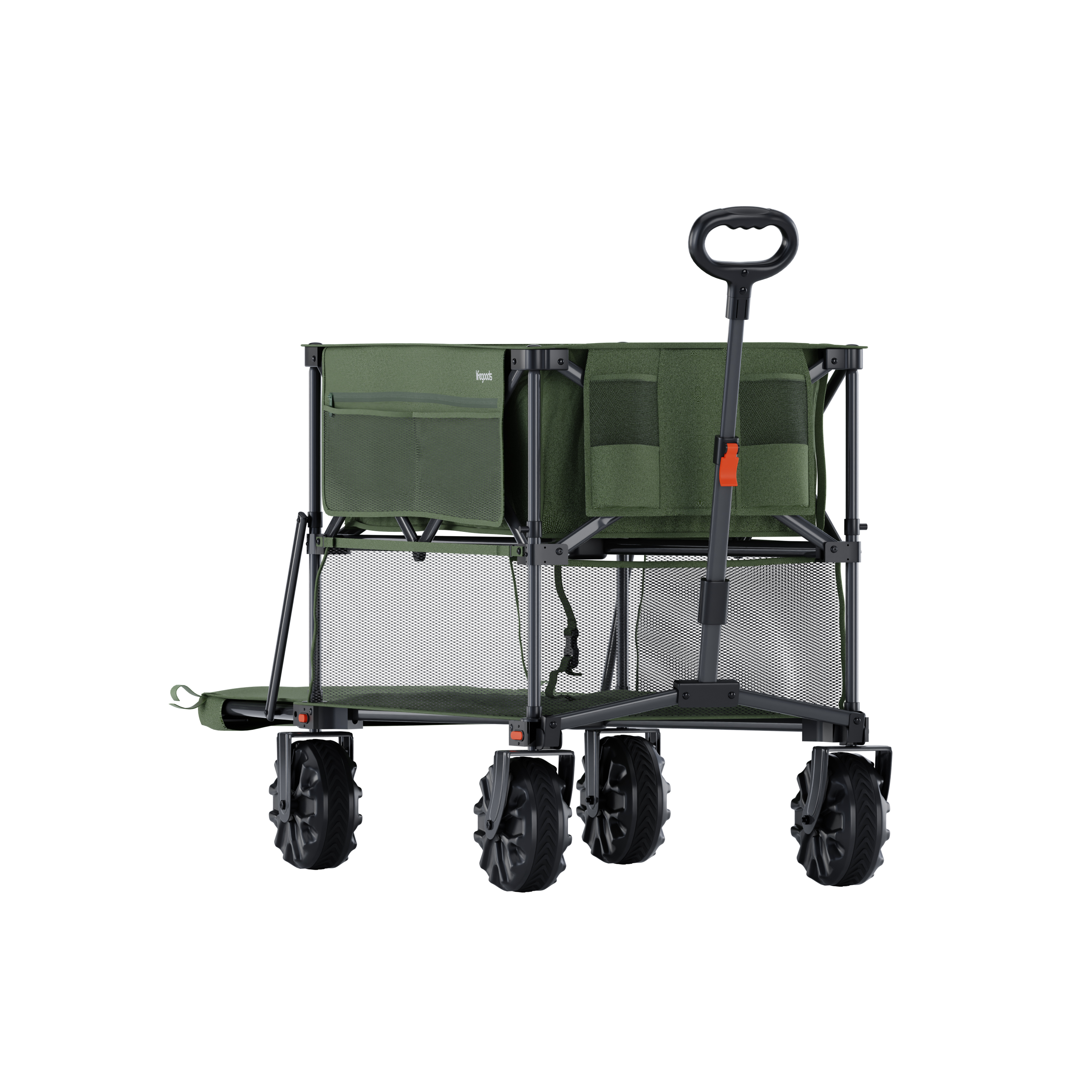 A green wagon with four wheels and a pull handle, with multiple pockets.