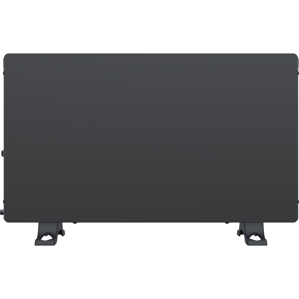A dark, rectangular heater with two black support feet.