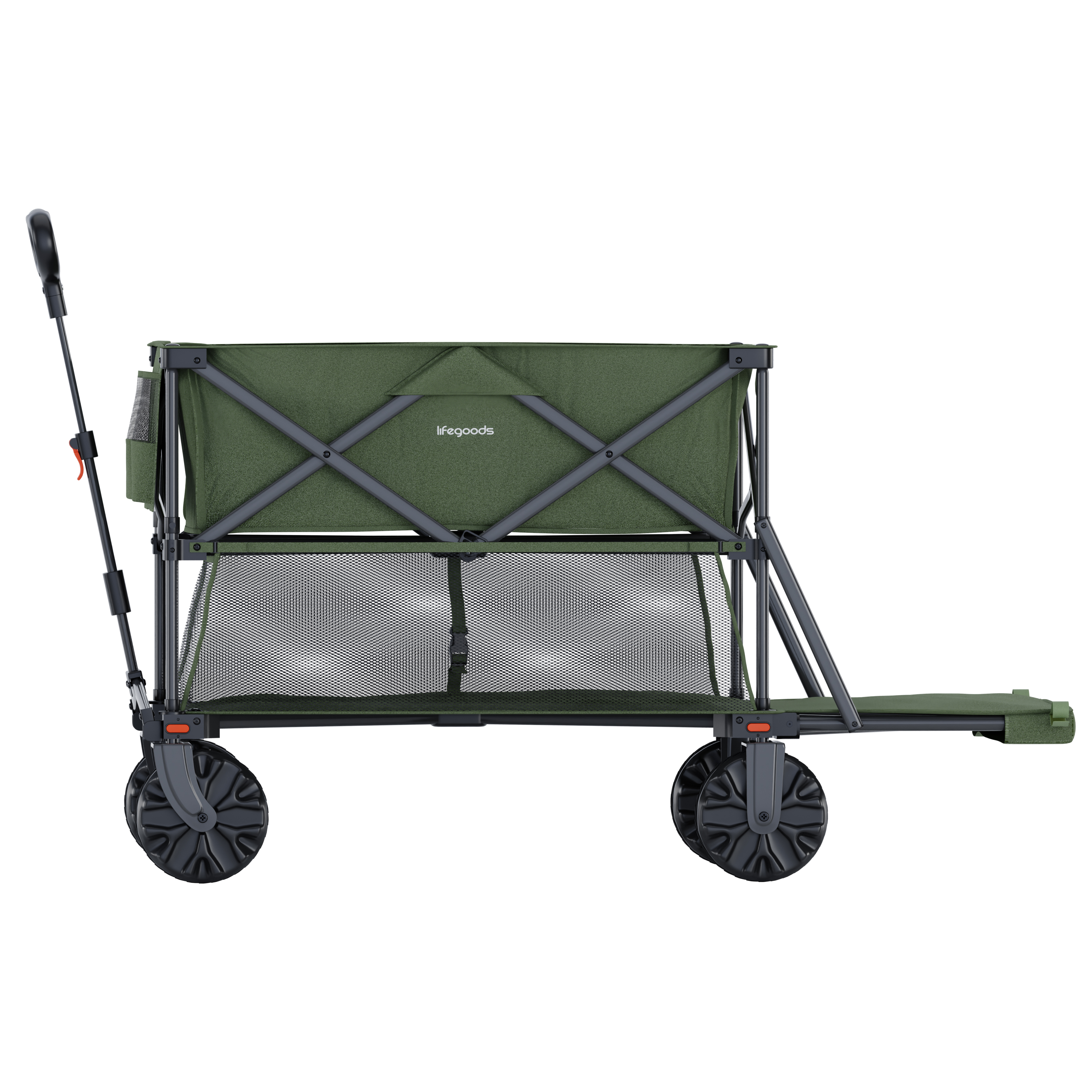 A foldable green outdoor wagon with a black handle and wheels.