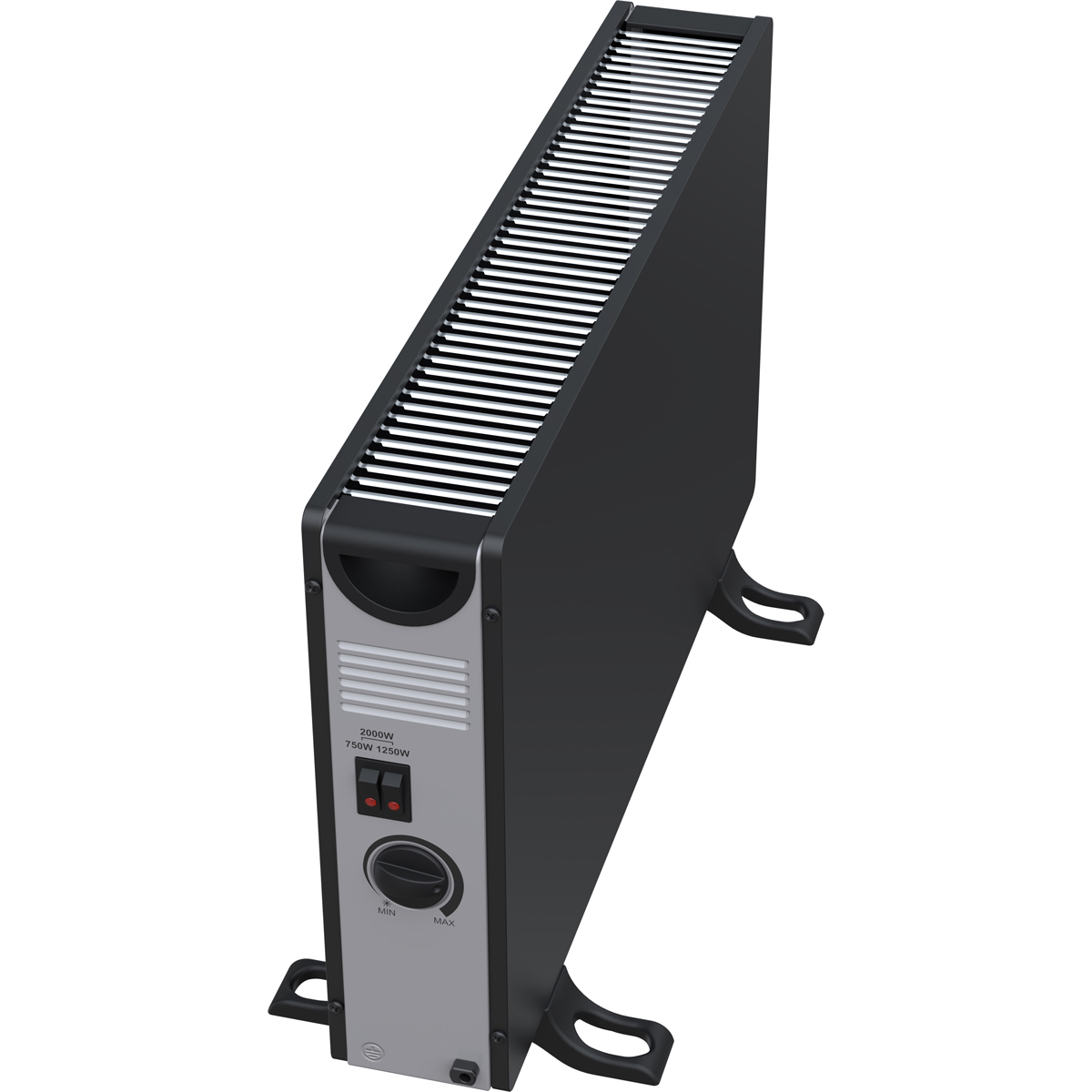 A black radiator with silver controls and two feet.