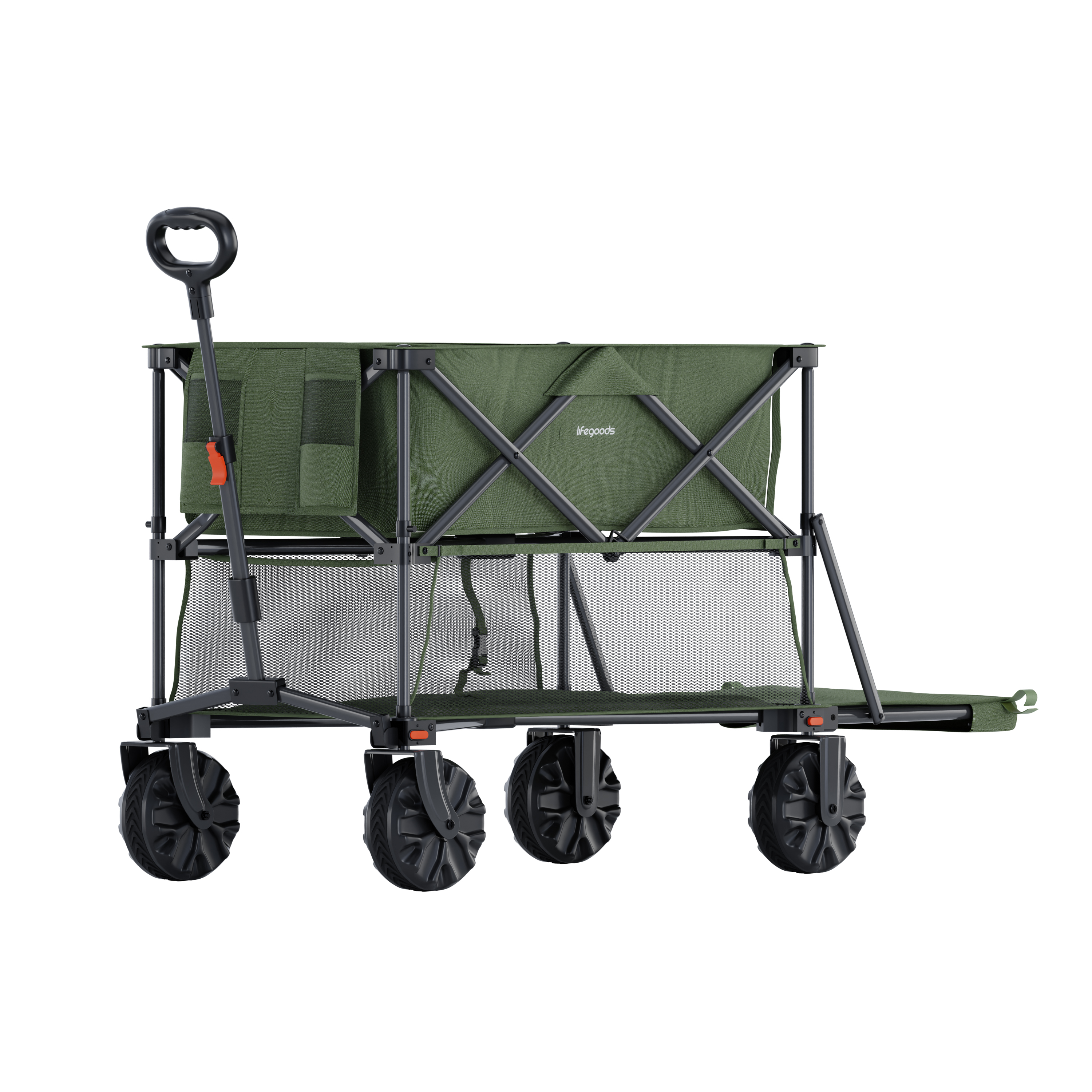 A green folding wagon with black wheels and handle.
