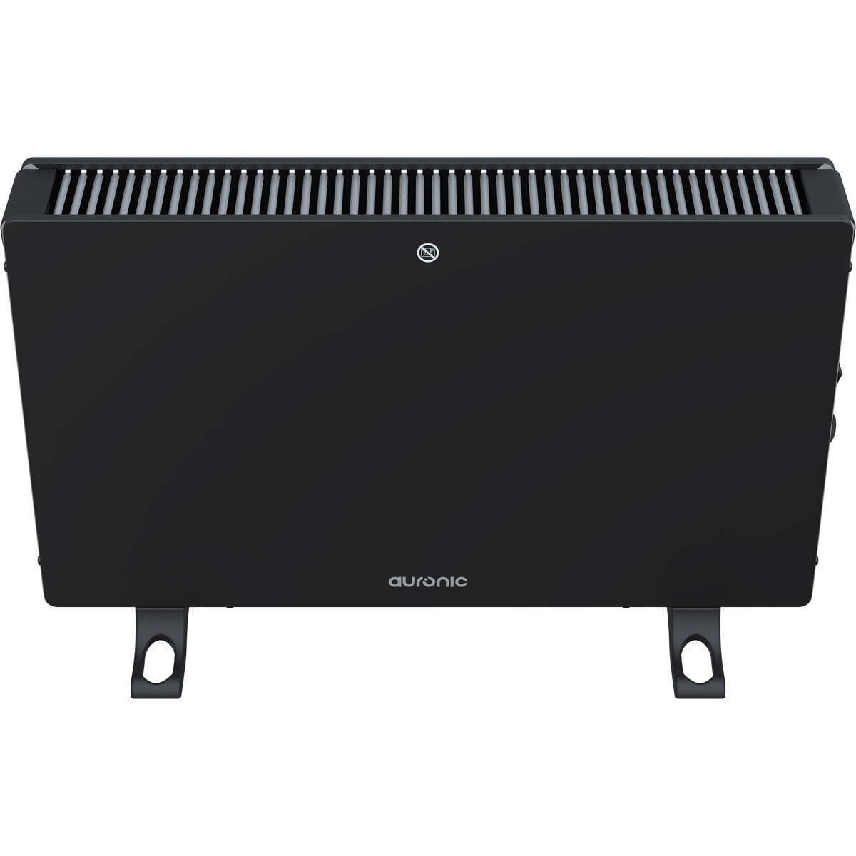 A black heater with vents and a logo.