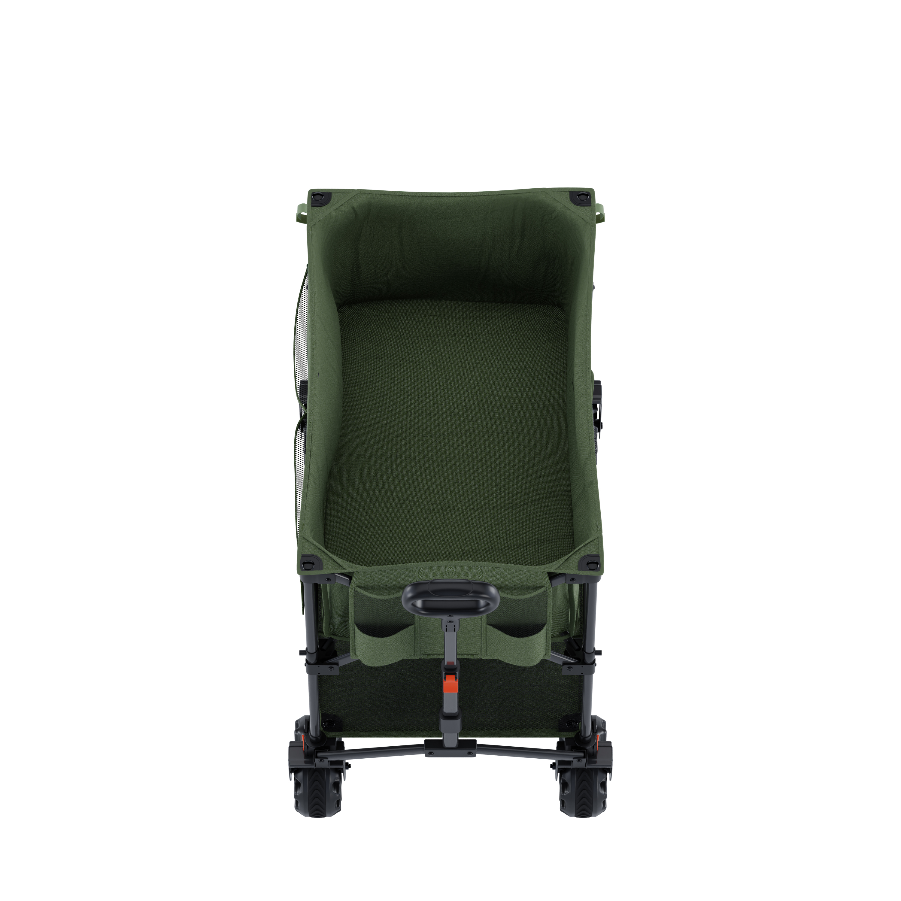 A green wagon with a black handle and wheels.