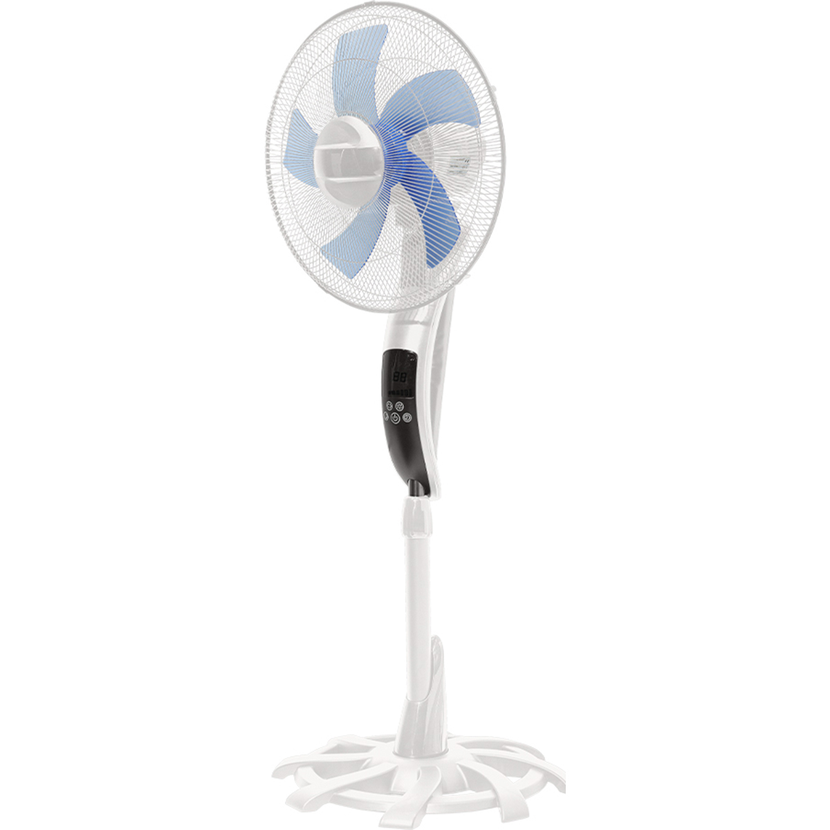 Un ventilateur sur pied blanc avec des pales bleues et un panneau de commande noir.
