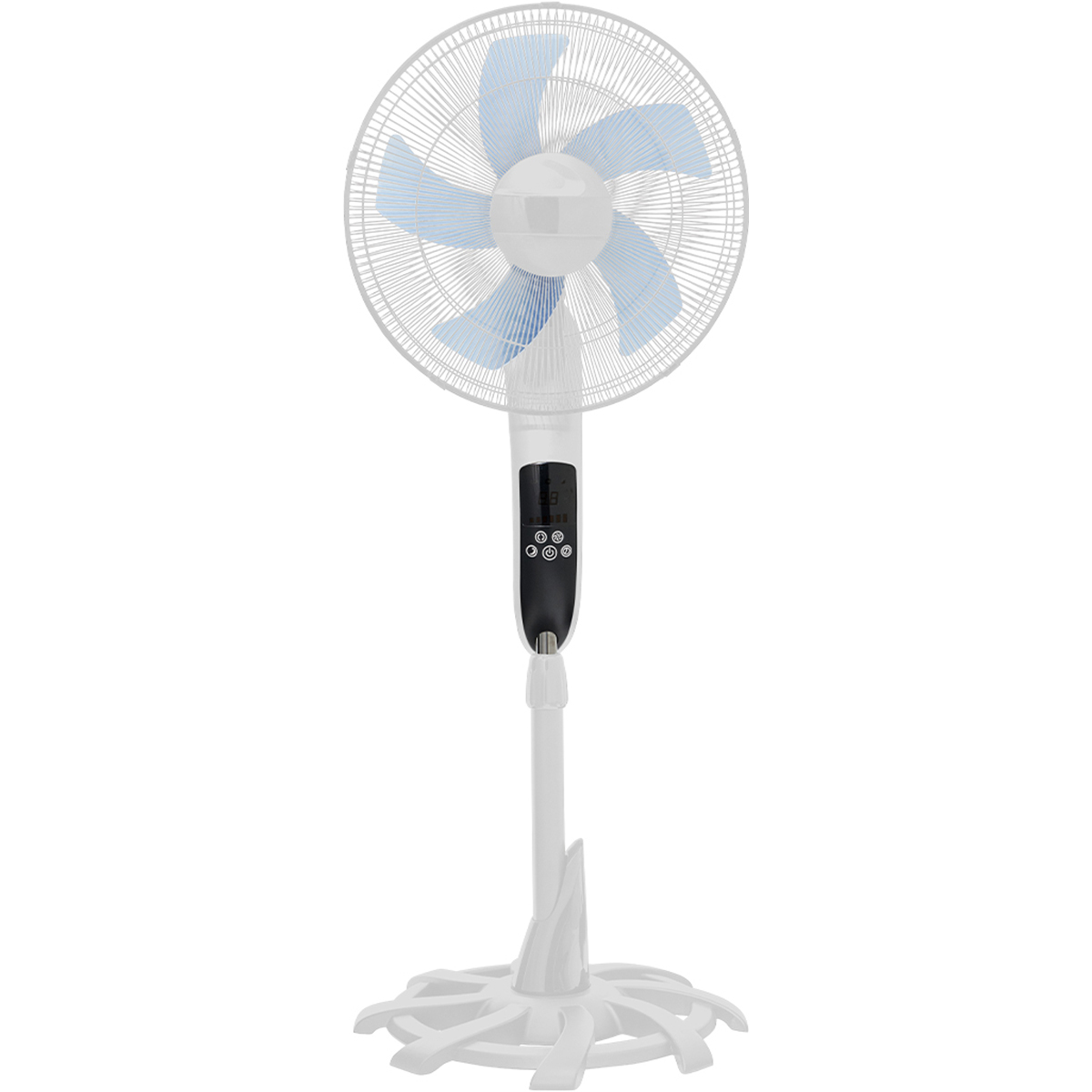 Un ventilateur sur pied blanc avec des pales bleues et un panneau de commande noir.