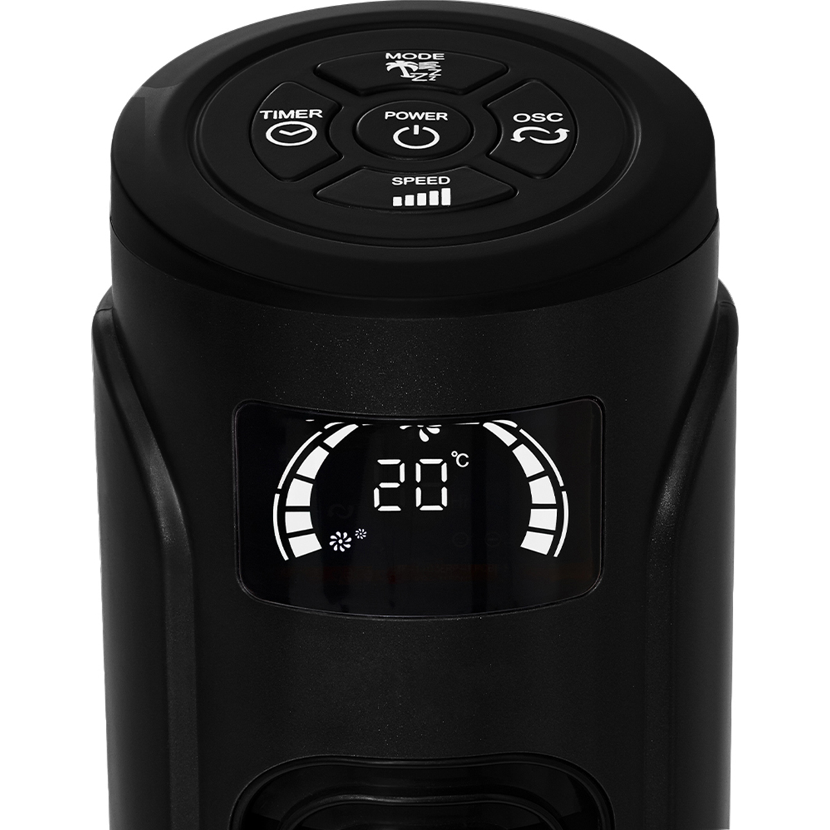 Ventilateur tour noir avec écran numérique affichant 20 degrés et boutons.